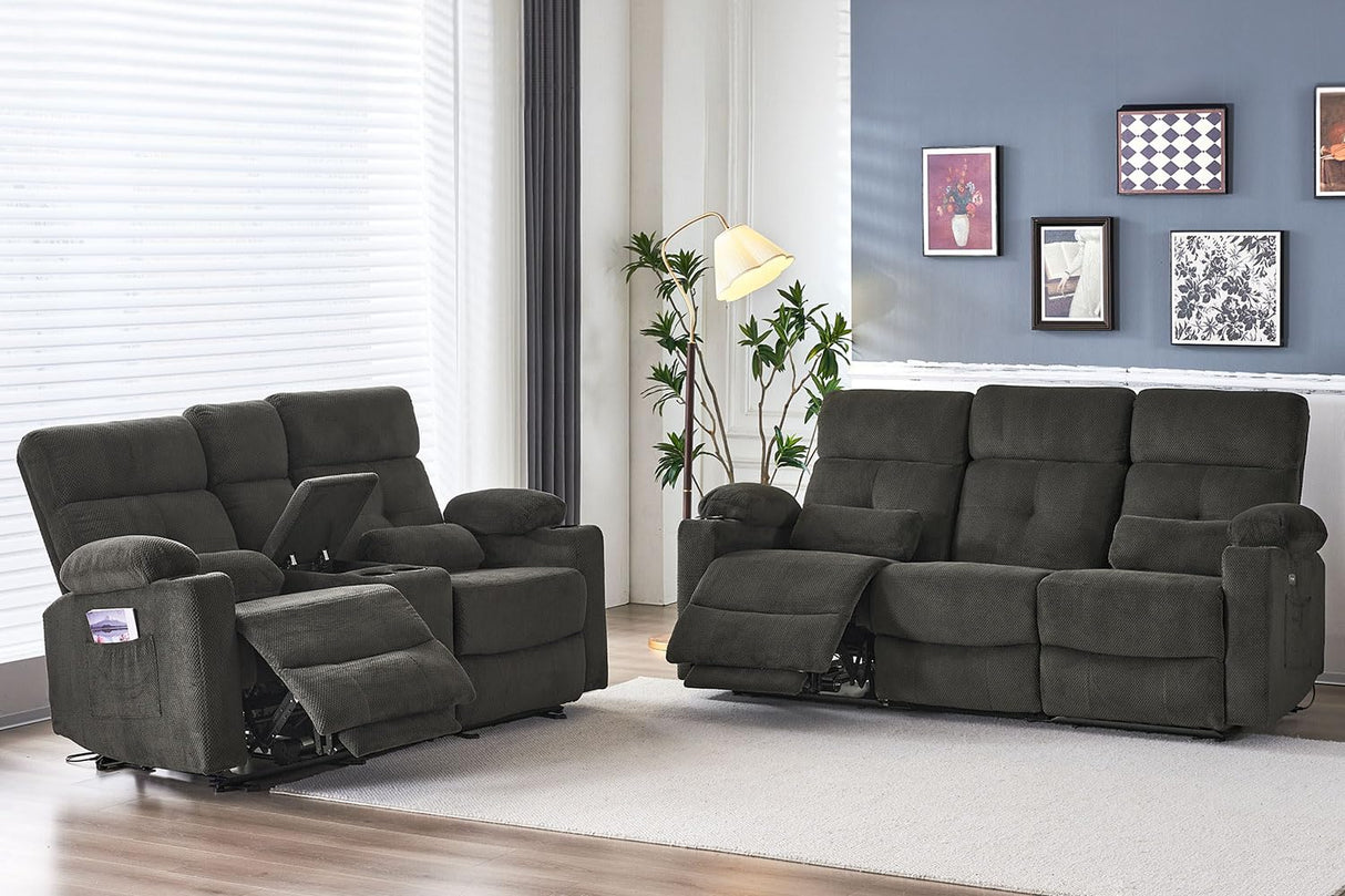 Consofa Power Reclining Sofa Set, 2 Pieces Reclining Living Room Set, Power Reclining Sofa and Loveseat Set, Recliner Sofa Set with Massage/Storage/Cup Houlder/USB Port for Living Room Consofa