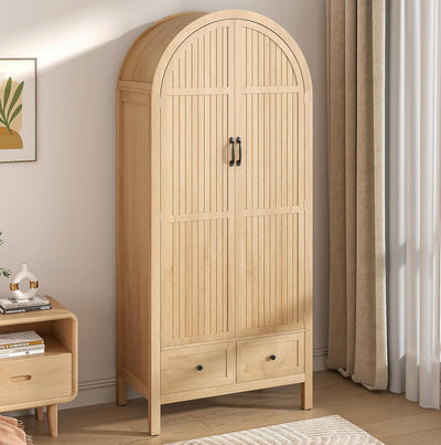 Lxsxlome Wardrobe Closet, Armoire Wardrobe Closet with Drawers and 2 Arched Fluted Doors, 70.87‘’ Tall Wooden Bedroom Armoires with Shelves and Hanging Rod (1, Wood Color)