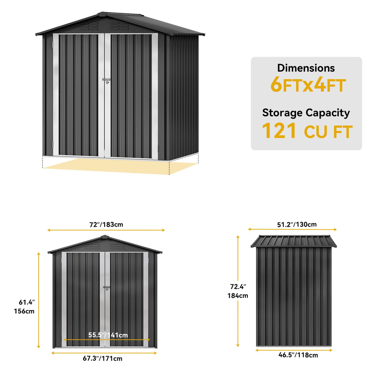 DWVO 6x4ft Metal Outdoor Storage Shed, Large Heavy Duty Tool Sheds with Lockable Doors & Air Vent for Backyard Patio Lawn to Store Bikes, Tools, Lawnmowers,Dark Gray DWVO