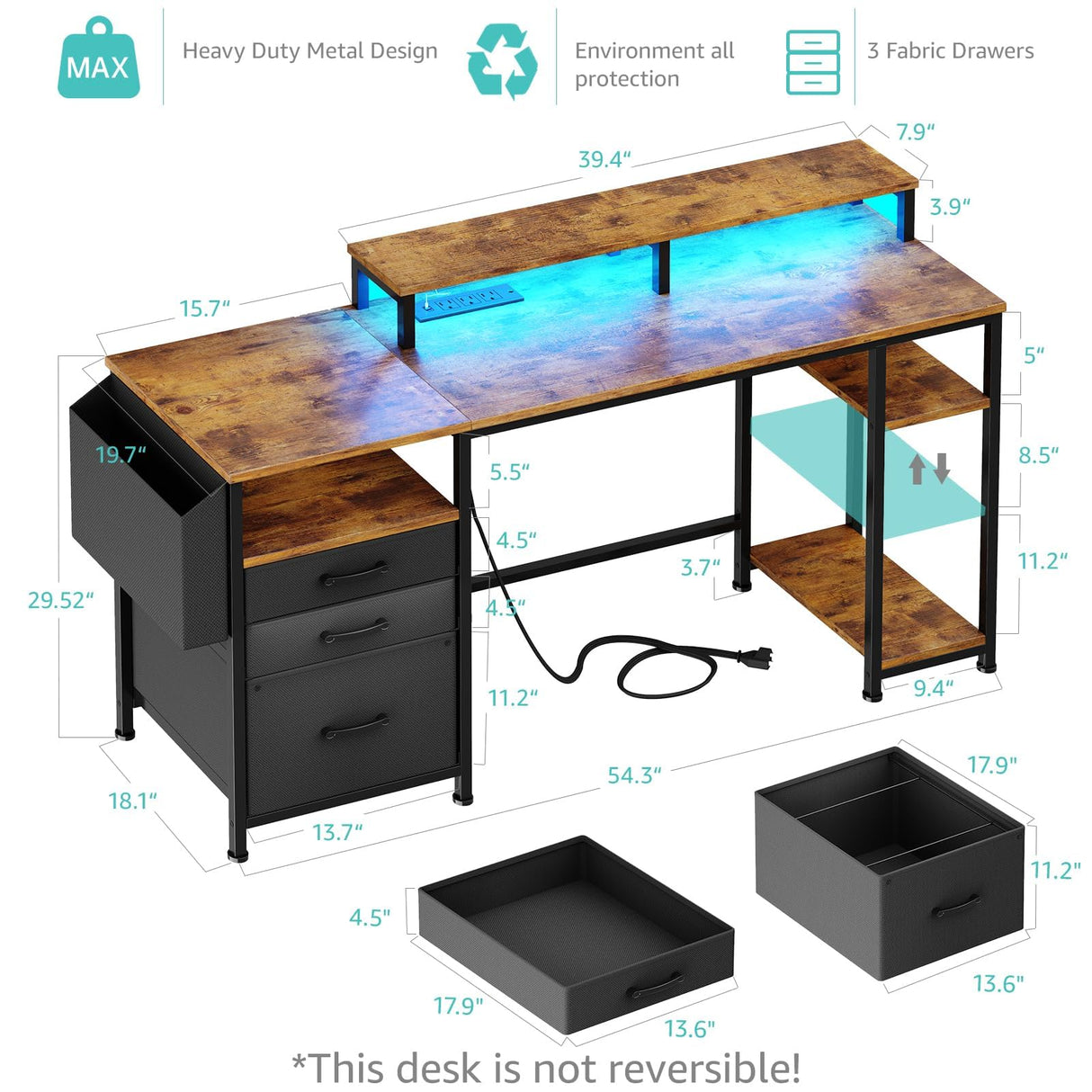 Lufeiya Computer Desk with Fabric File Drawers Cabinet, 55 Inch Home Office Desk with Shelves Monitor Stand, Study Writing Gaming Desks with Led Lights and Power Outlets for Bedroom, Rustic Brown Lufeiya