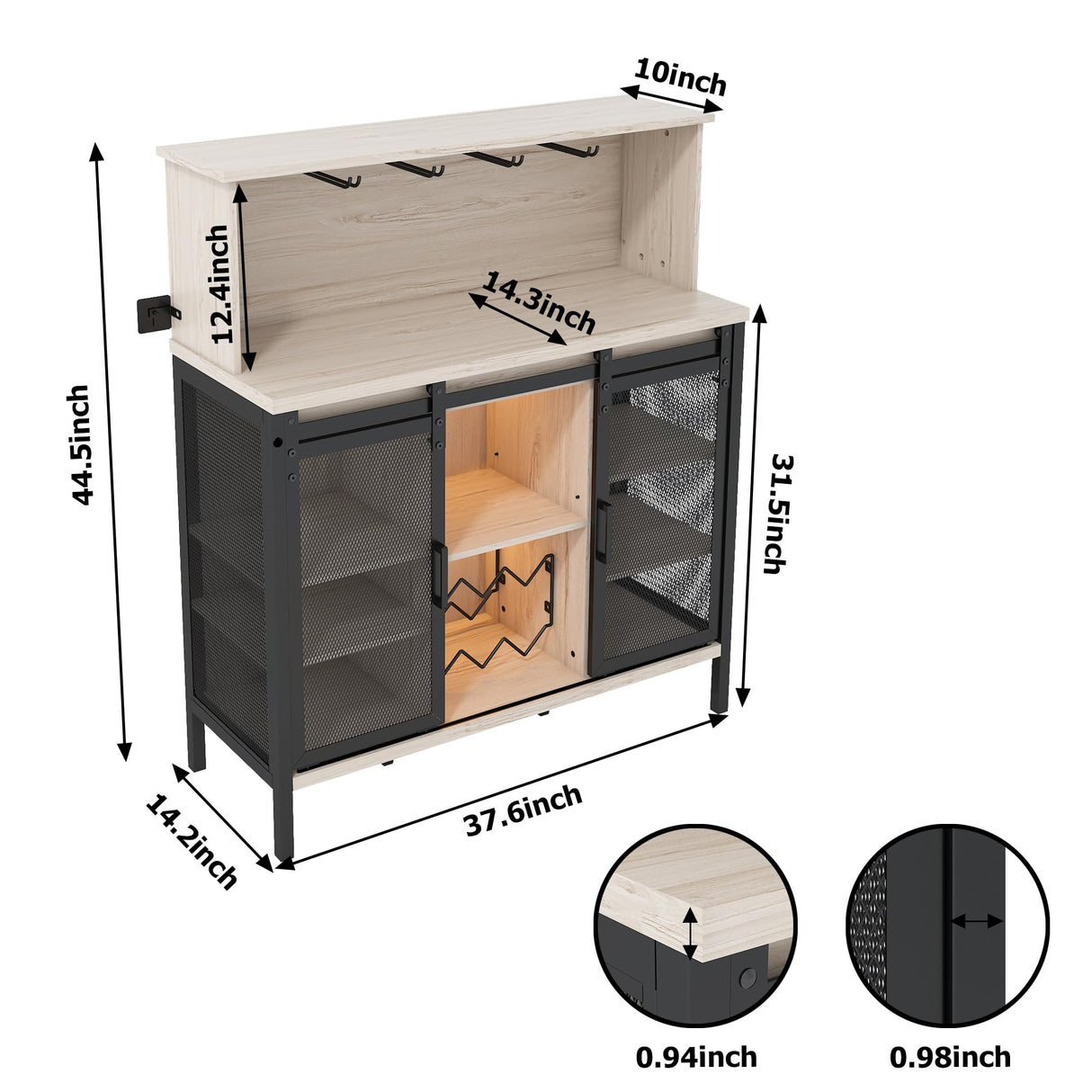 QNICE LED Industrial Wine Bar Cabinet for Liquor and Glasses/Sliding Barn Door Coffee Bar Cabinet with Light/Farmhouse Sideboard Buffet Storage Cabinet with Wine Rack/Rustic Oak/Easy Assembly QNICE