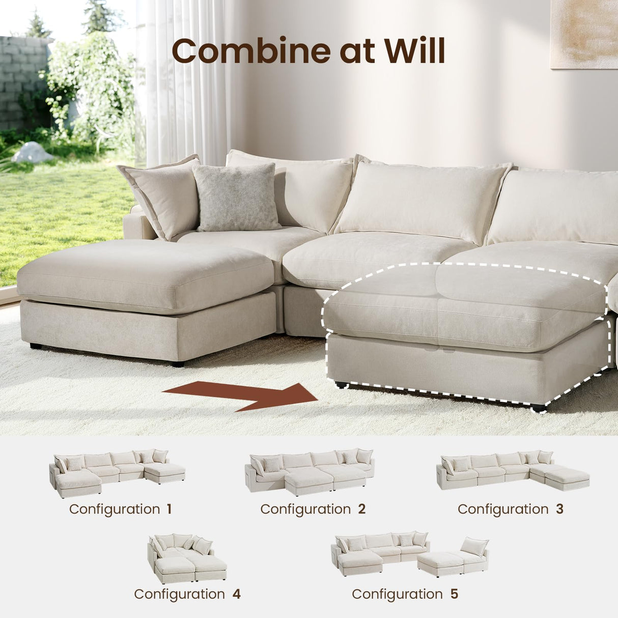 ModernMate 158" Modular Sectional Sofa, Down Filled Sectional Couches for Living Room, Oversized U Shape Couch with Deep Seat, Modular Couch 4 Seater with 2 Storage Ottoman,Cover Removable, Beige ModernMate