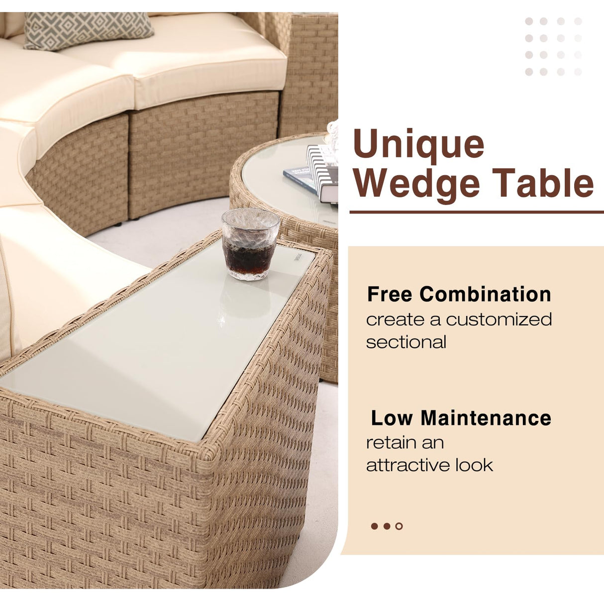 SUNSITT Outdoor Patio Furniture 11-Piece Half-Moon Sectional Round Patio Furniture Set Curved Outdoor Sofa with Tempered Glass Round Coffee Table, 4 Pillows, Natural Color Rattan SUNSITT