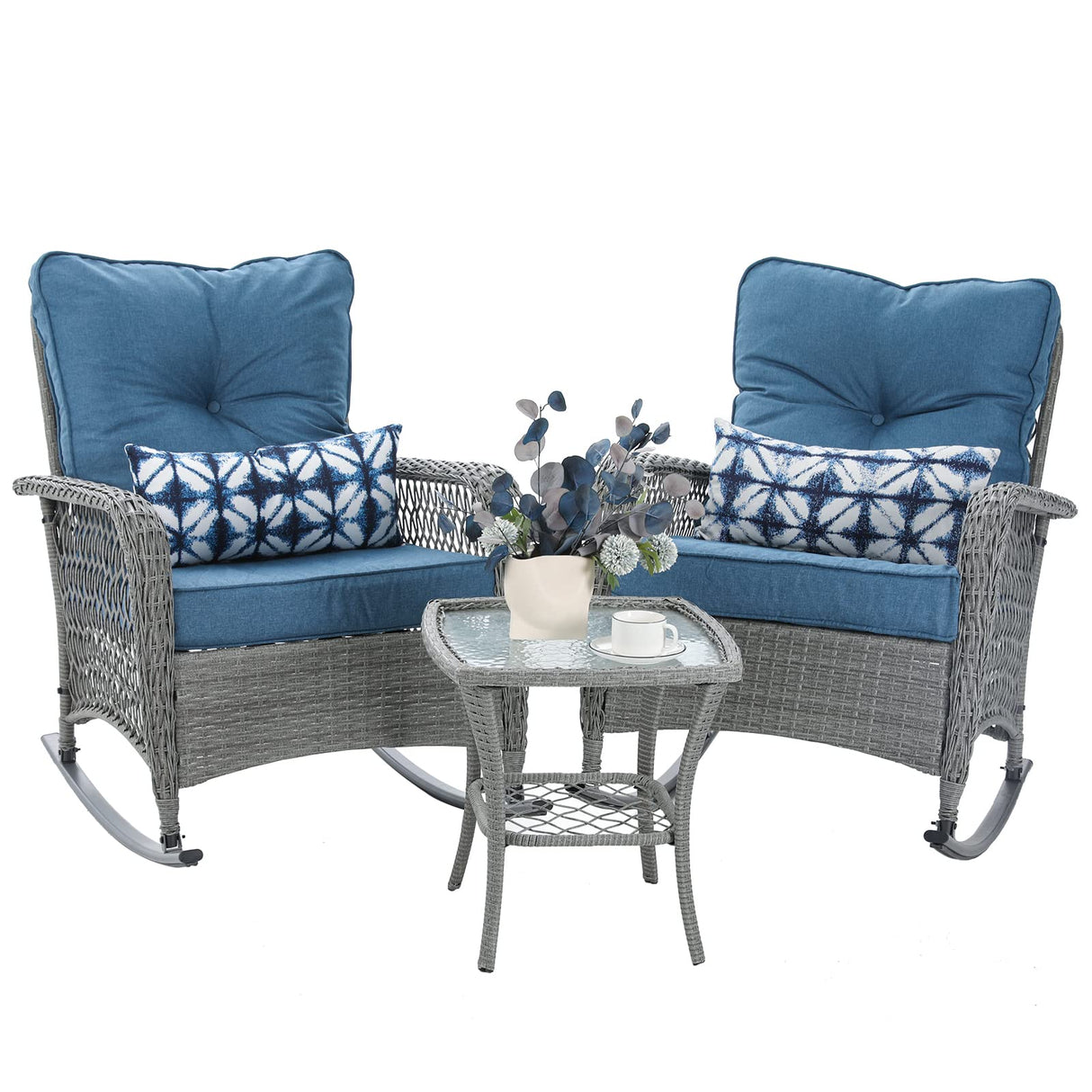 VONZOY Patio Furniture Set 3 Pieces, Wicker Rocking Bistro Set with Thick Cushions, Outdoor Rocker Chairs and Coffee Table for Porch, Backyard or Garden (Blue) VONZOY