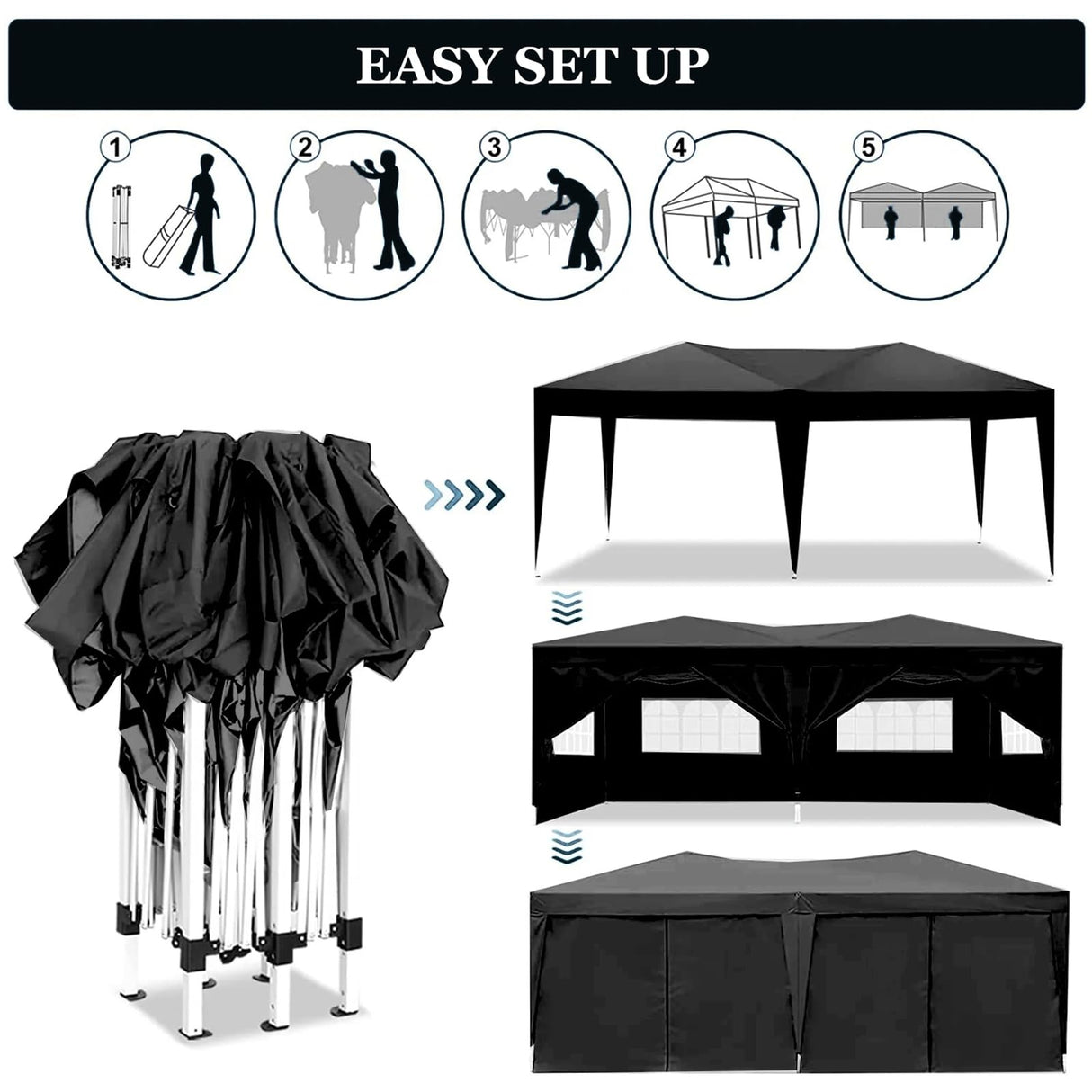 Susici 10x20 Pop Up Canopy Outdoor Tent Party Tent with 6 Sidewalls, Wedding Party Tent Outdoor Canopy Waterproof UV50 Canopy Tent Event Shelter for Parties, 6 pcs Weight Bag,Carry Bag,Black susici