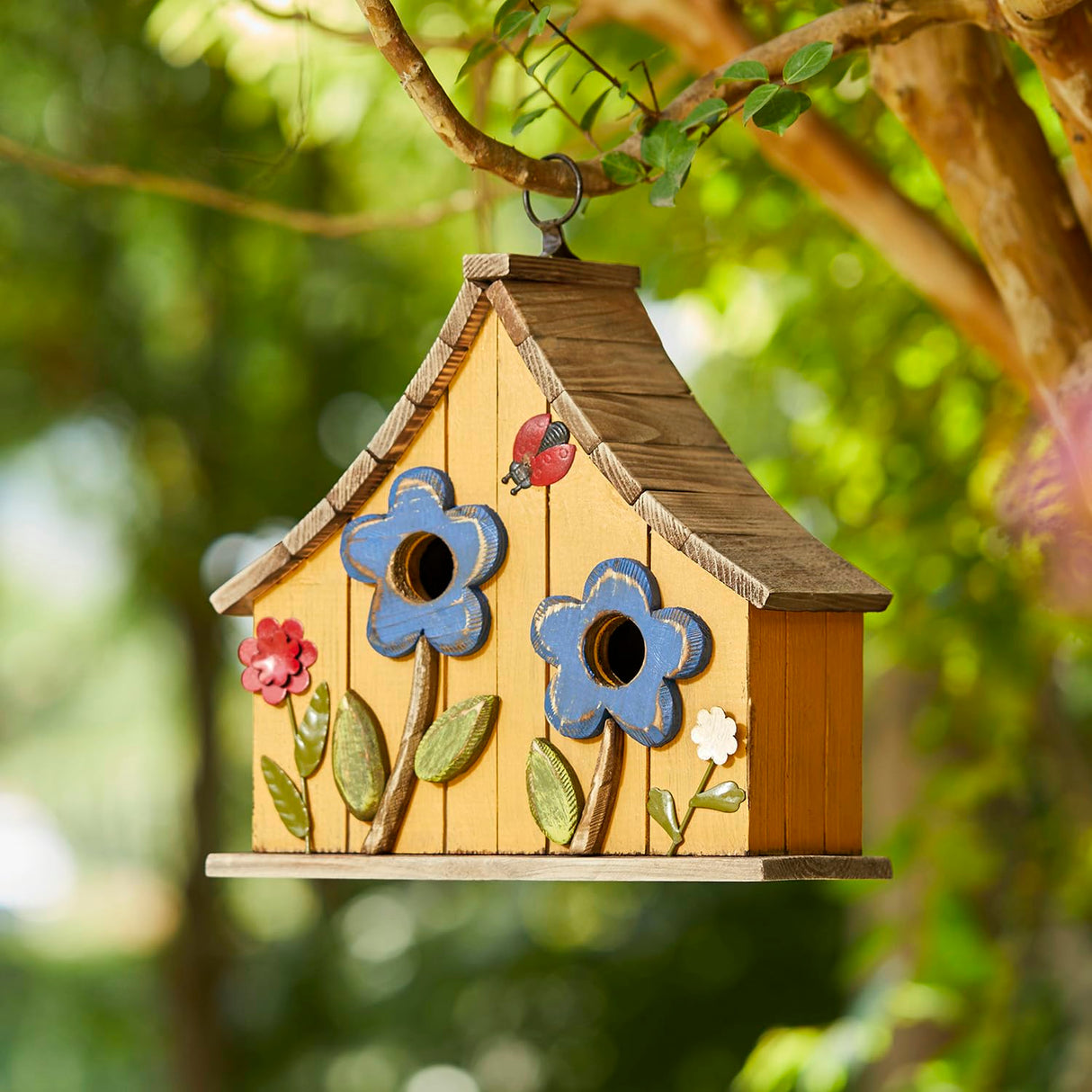 Glitzhome 10.75" L Distressed Solid Wood Hanging Birdhouse with 3D Flowers Rustic Two-Story Townhouse Hand-Painted Garden Bird Houses for Outdoors,Washed Yellow Glitzhome