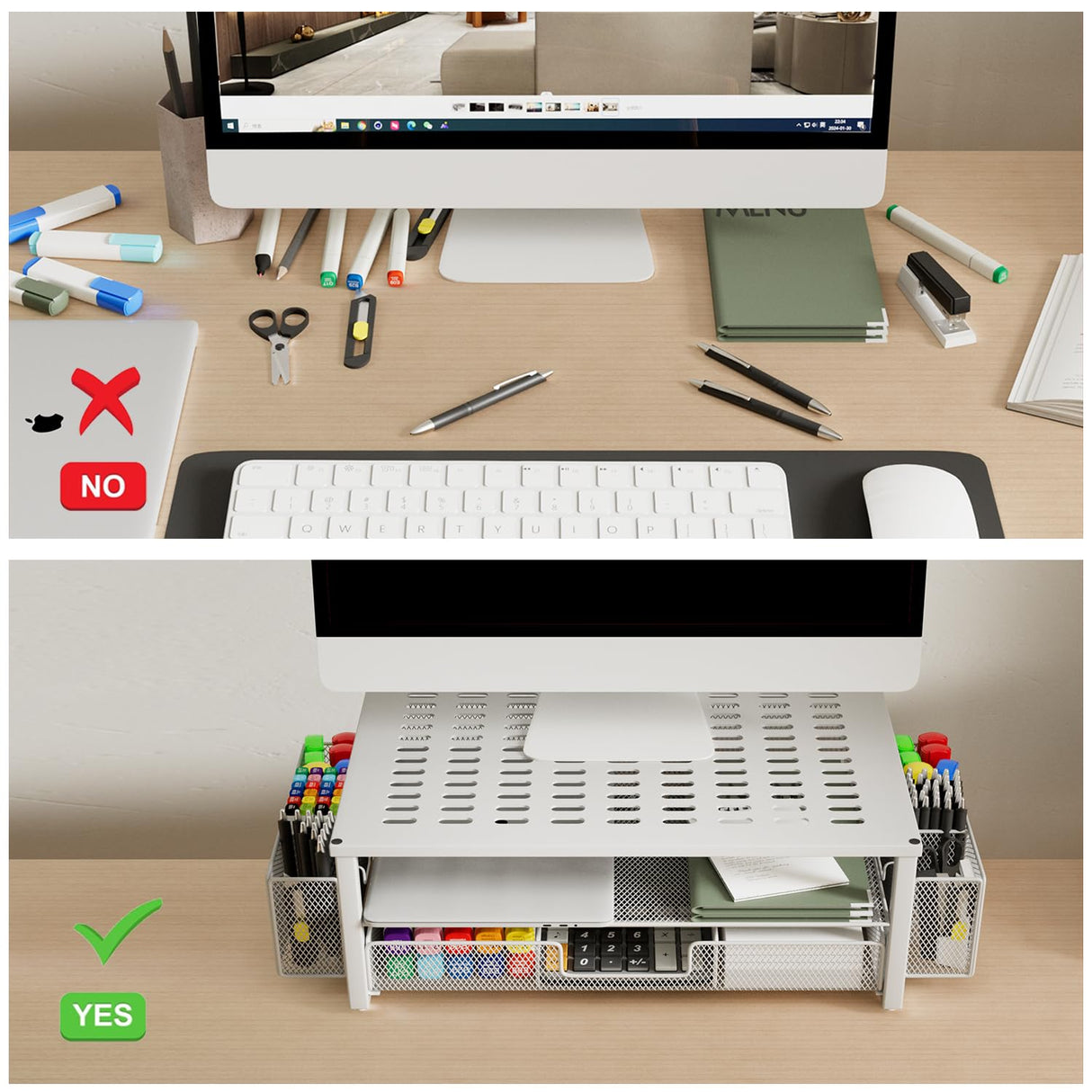 gianotter Monitor Stand Riser, Desk Organizer with Drawer and Pen Holder, 2-Tier Computer Stand, Desk Accessories & Workspace Organizers(White) gianotter