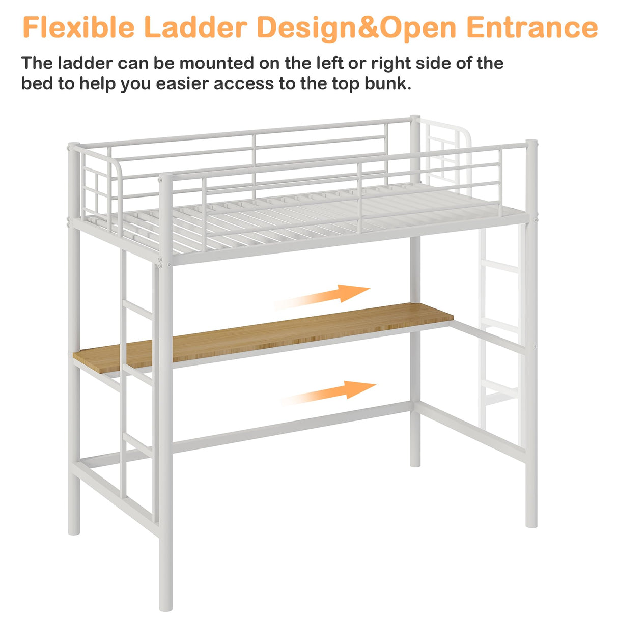 VECELO Loft Bed Twin Size with Desk, Metal Bedframe with Removable Ladder and Safety Guardrail, No Box Spring Needed, Space Saving, Noise Free, Pure White VECELO
