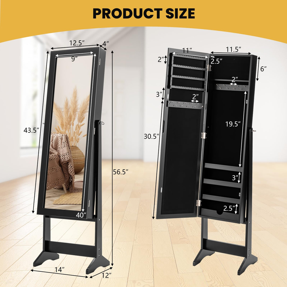 LOKO Freestanding Jewelry Armoire Cabinet, Jewelry Organizer with Full Length Mirror, Standing Makeup Mirror Cabinet w/ 3 Adjustable Angles & Large Storage Capacity, for Bedroom Dressing Room (Black) LOKO
