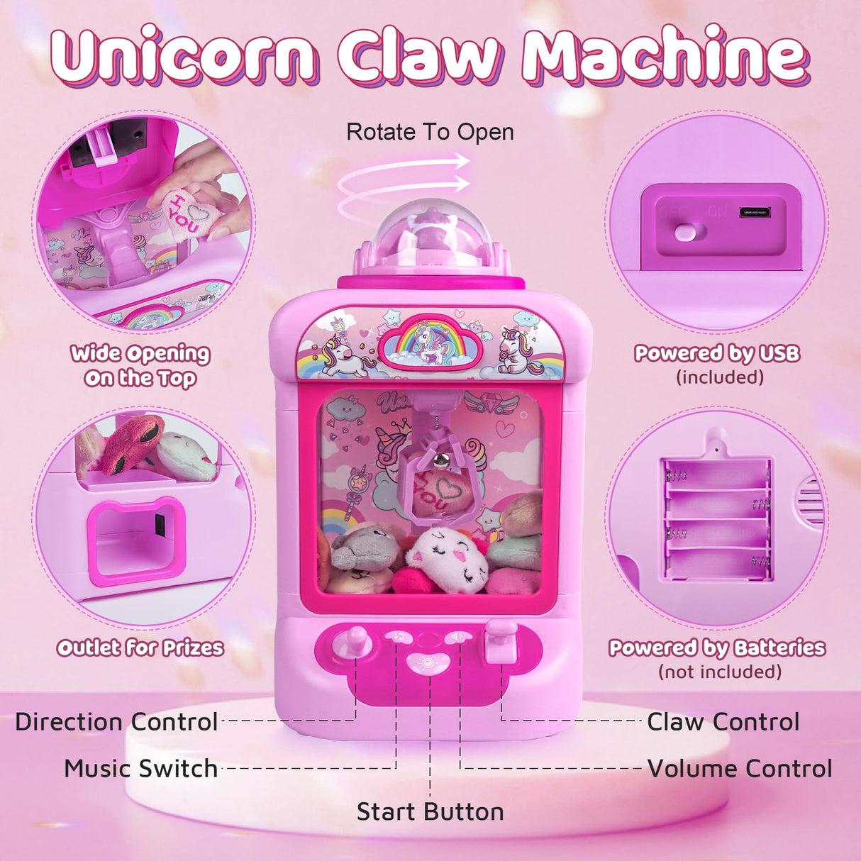 Claw Machine for Kids, Mini Vending Machine Girls Unicorn Toys, Candy Grabber Prize Dispenser with Sound & 20 Mini Plush Toys, Electronic Arcade Game Indoor Toy for Home Party Birthday Gifts Marlrin