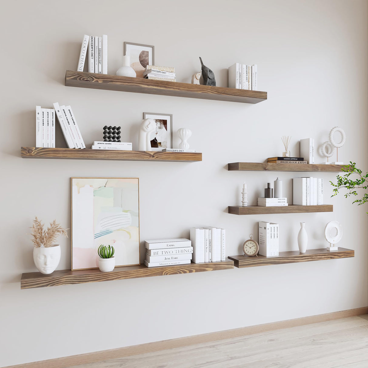 XWNE Rustic Floating Shelves 60 inch Long 8 "deep Set of 2, Heavy Duty Wood Wall Mounted Shelves for Bathroom Living Room Kitchen,Book Shelves with Thickened Hidden Bracket- Walnut XWNE