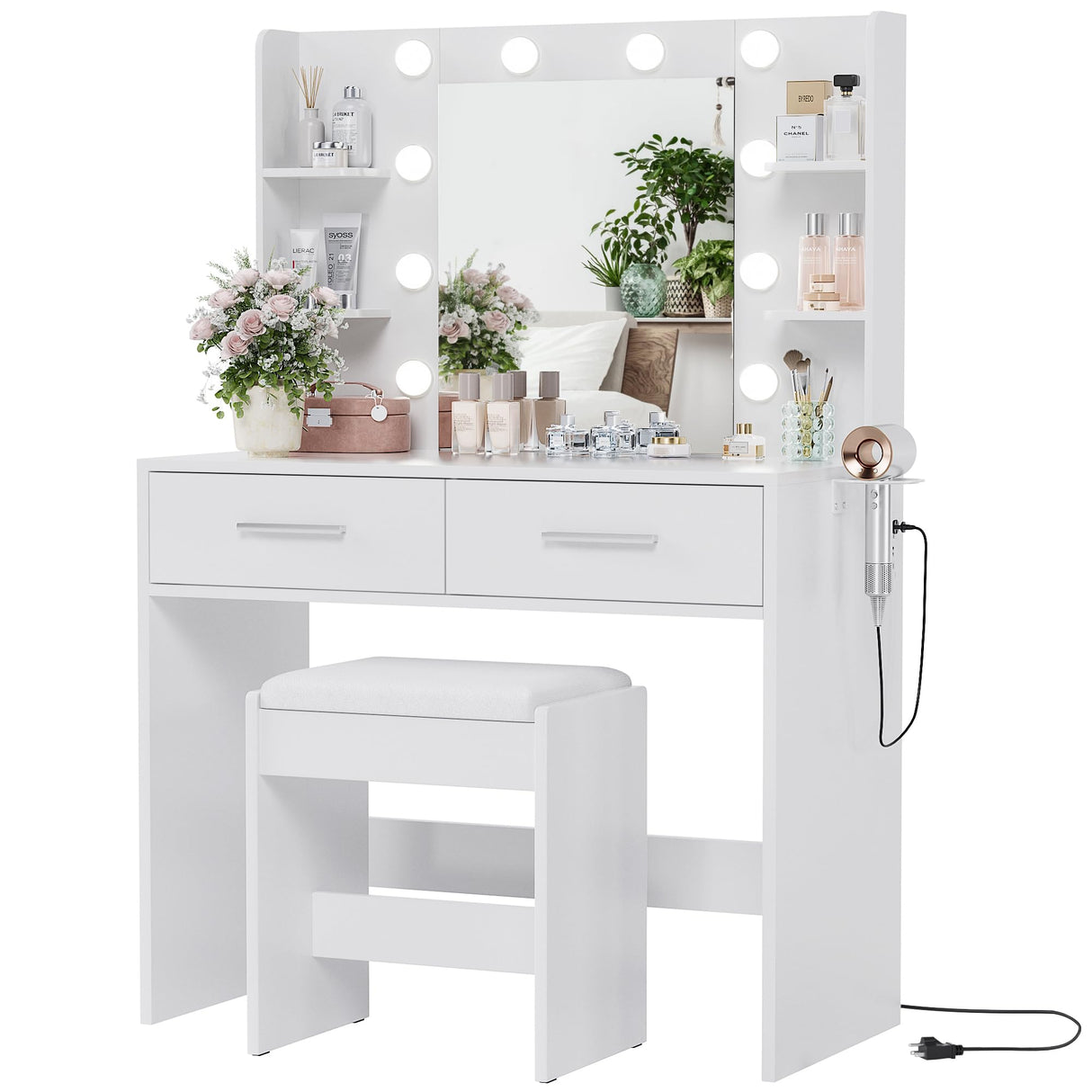 YESHOMY Vanity Desk with Mirror, Makeup Table with 2 Large Drawers, Power Outlet and Round Holder, 3 Color Modes Adjustable Bulb, Bench Included, White YESHOMY