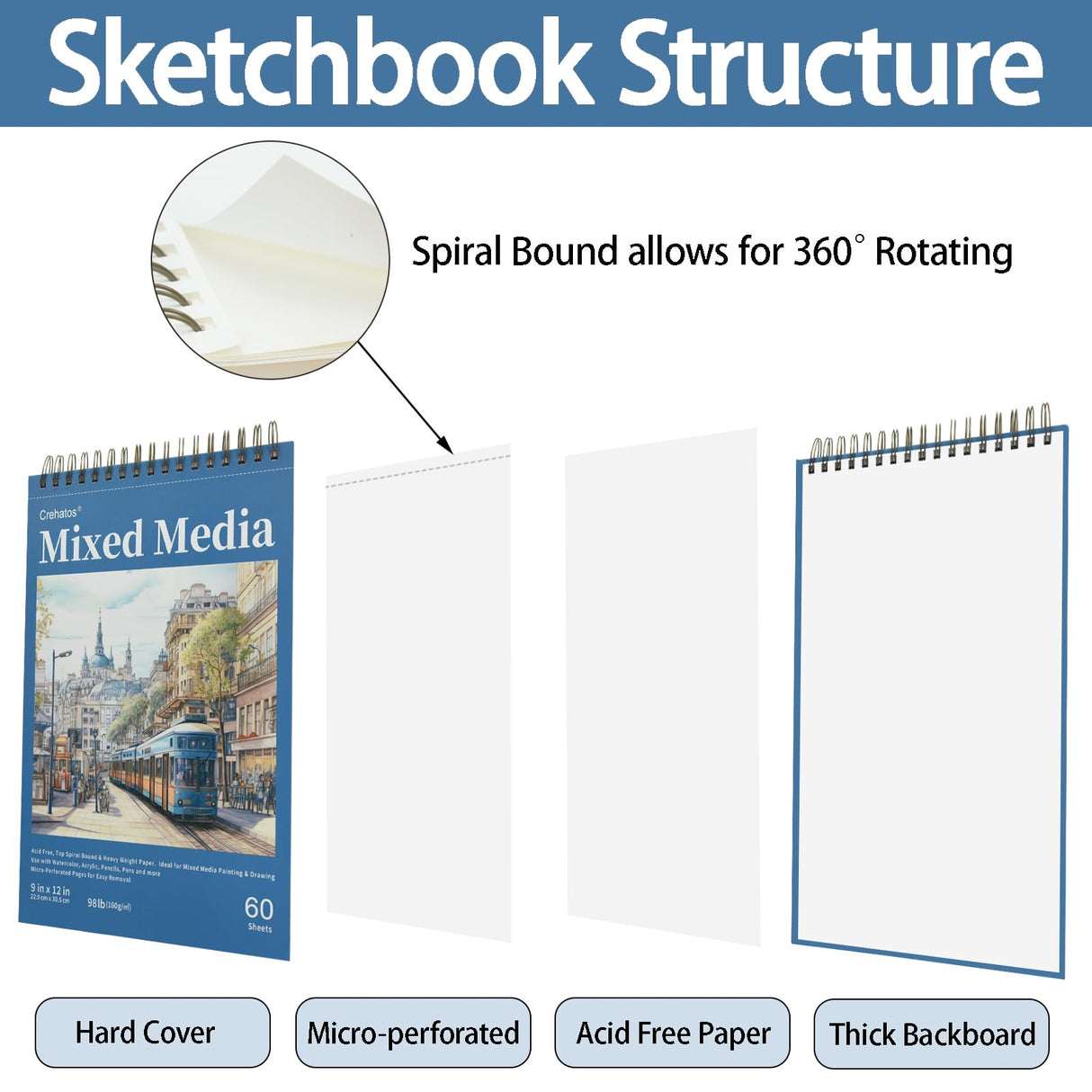 Crehatos Mixed Media Sketchbook 9" x 12", Top Spiral Bound Sketch Pad, 60 Sheets 98lb/160gsm Drawing Paper for Wet and Dry Media, 1 Pack Crehatos
