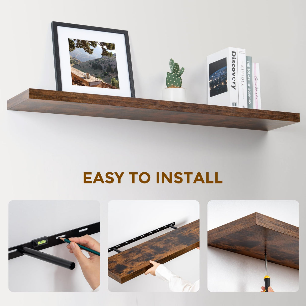 Fun Memories Floating Shelves 48 Inch Long, 9.3 Inch Deep Wall Shelf for Fireplace Mantel, Rustic Farmhouse Wooden Shelves for Wall Decor Bathroom, Kitchen, Office, Rustic Brown, Set of 1 Fun Memories