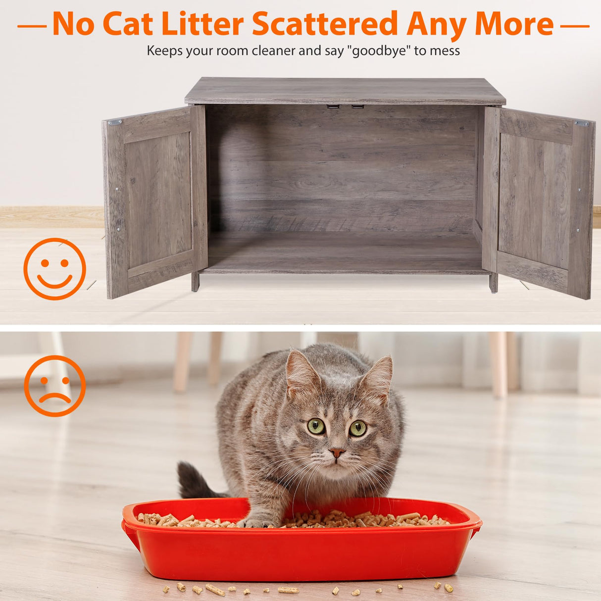 ZENY Cat Litter Box Enclosure, Litter Box Furniture Hidden, Wooden Litter Cabinet with Divider, Farmhouse Style Cat Washroom Storage Bench,Fit Most of Litter Box, Greige ZENY