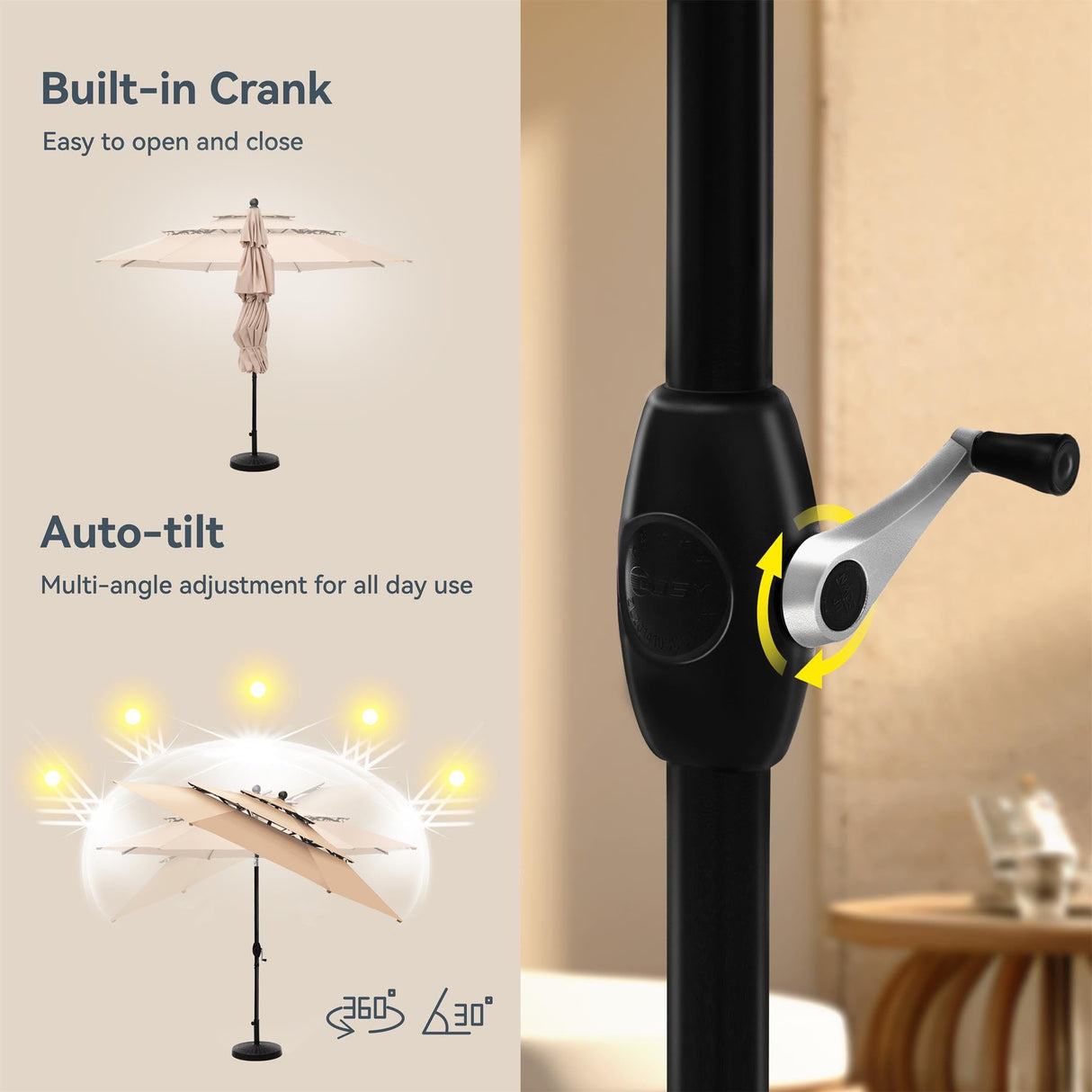 PHI VILLA 10ft Patio Umbrellas, Outdoor 3 Tier Vented Large Market Table Umbrella with 8 Sturdy Ribs and 1.5" Umbrellla Pole for Lawn Poolside Garden Terrace, Beige(No Base) PHI VILLA