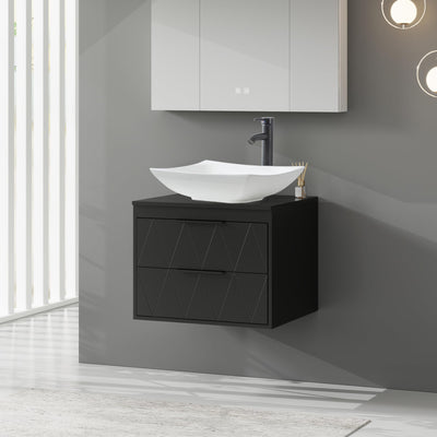 eclife 24" Bathroom Vanities Cabinet with Sink Combo, Wall Mounted Floating Cabinet w/Decor Lines, White Curved Ceramic Vessel Sink W/ORB Water Save Faucet & Pop Up Drain, Black