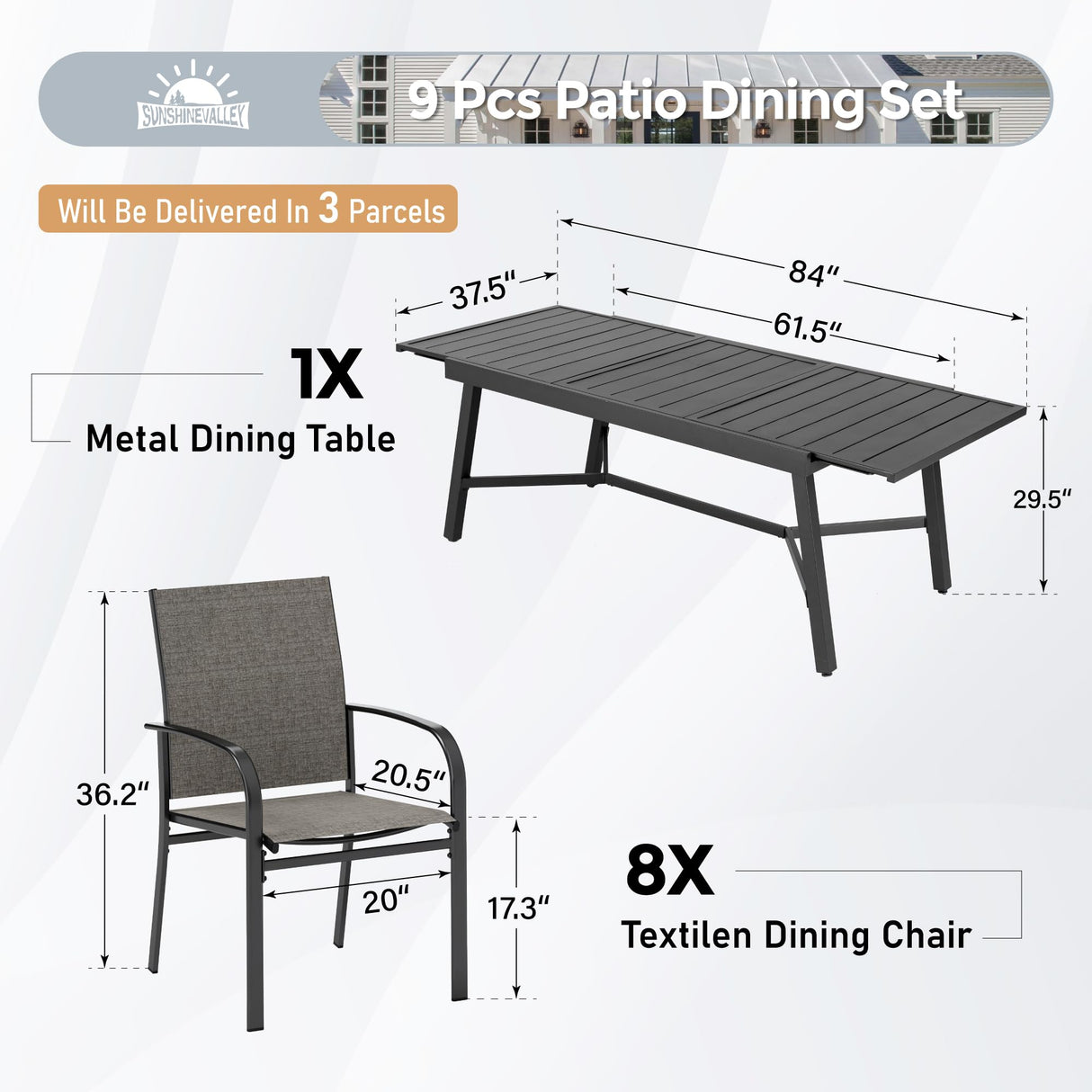 SUNSHINE VALLEY 9 Piece Patio Dining Set for 8, Rectangular Extendable Dining Table, 8 Metal Brown Chairs, Outdoor Table and Chairs Set for Lawn Backyard and Deck SUNSHINE VALLEY
