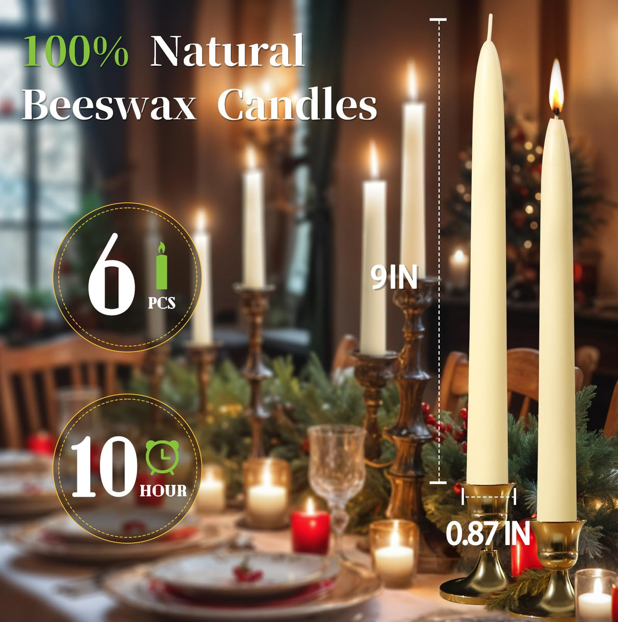 9 in Beeswax Taper Candles,6 Pack Dripless Pure White Beeswax Candle Sticks,10 Hours Long Burning Natural Bees Wax Candles for Home,Unscented Smokeless Tapered Candlesticks for Dinner MAKALONE