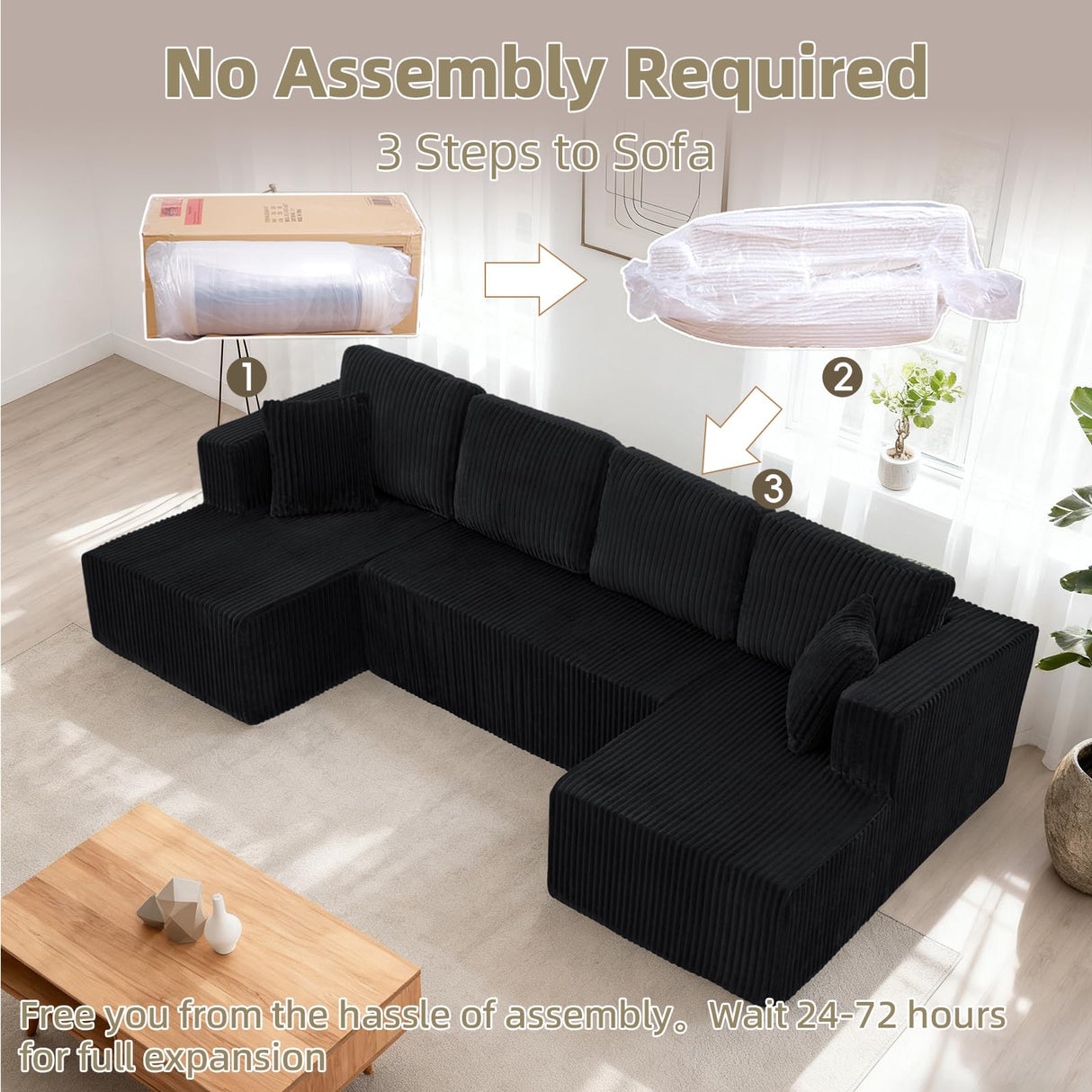 134 Inch Cloud Sectional Couch for Living Room,Corduroy Boneless Couches with L-Shape Chaise,Modern Modular Sectional Sofa with Deep Seat,No Assembly Required (Black, U-Shaped Sofa) ZKJOLMN
