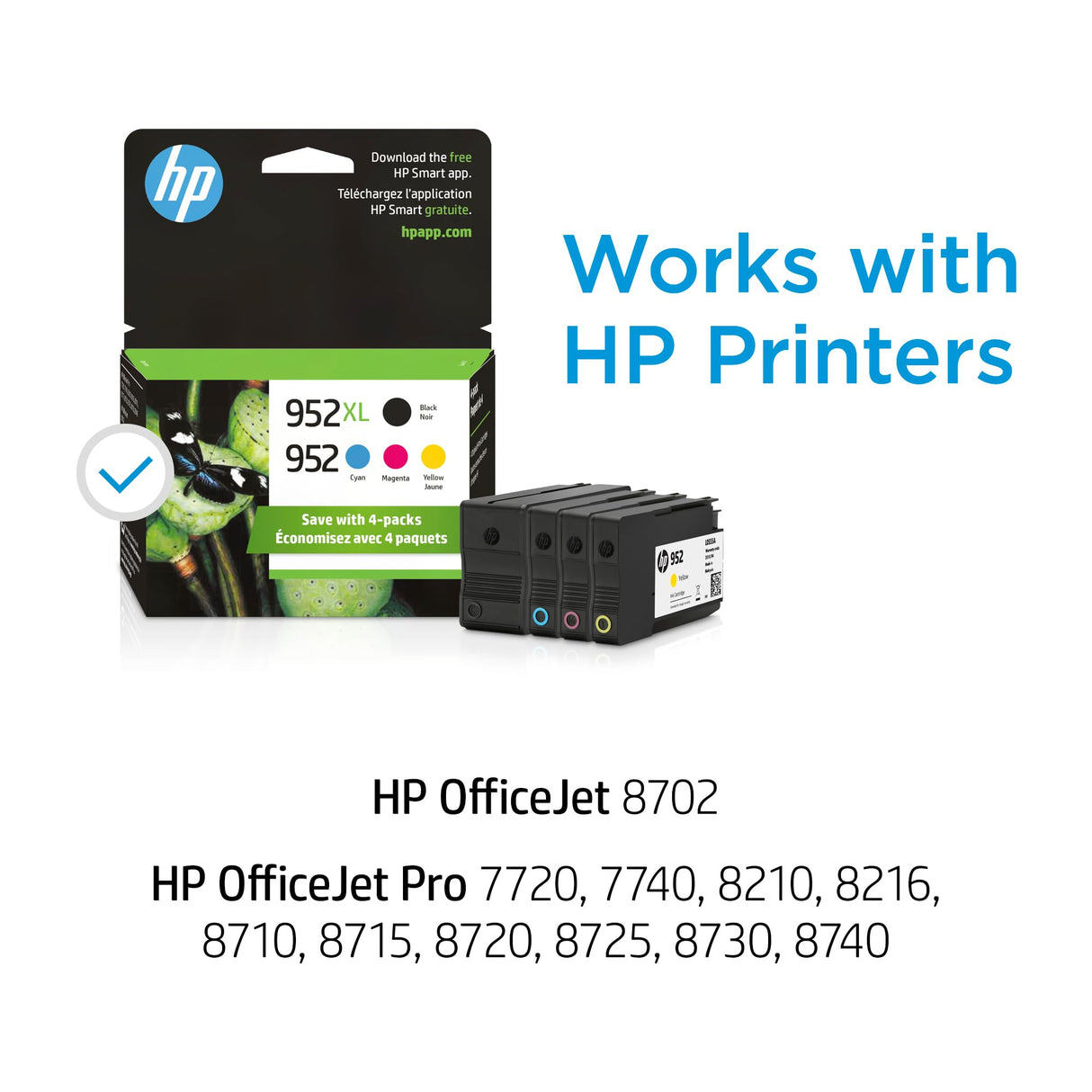 HP Original 952 Cyan, Magenta, Yellow / 952XL Black Ink Cartridges (4-Pack) | Works OfficeJet 8702 OfficeJet Pro 7700, 8210, 8700 Series | Eligible for Instant Ink | N9K28AN HP