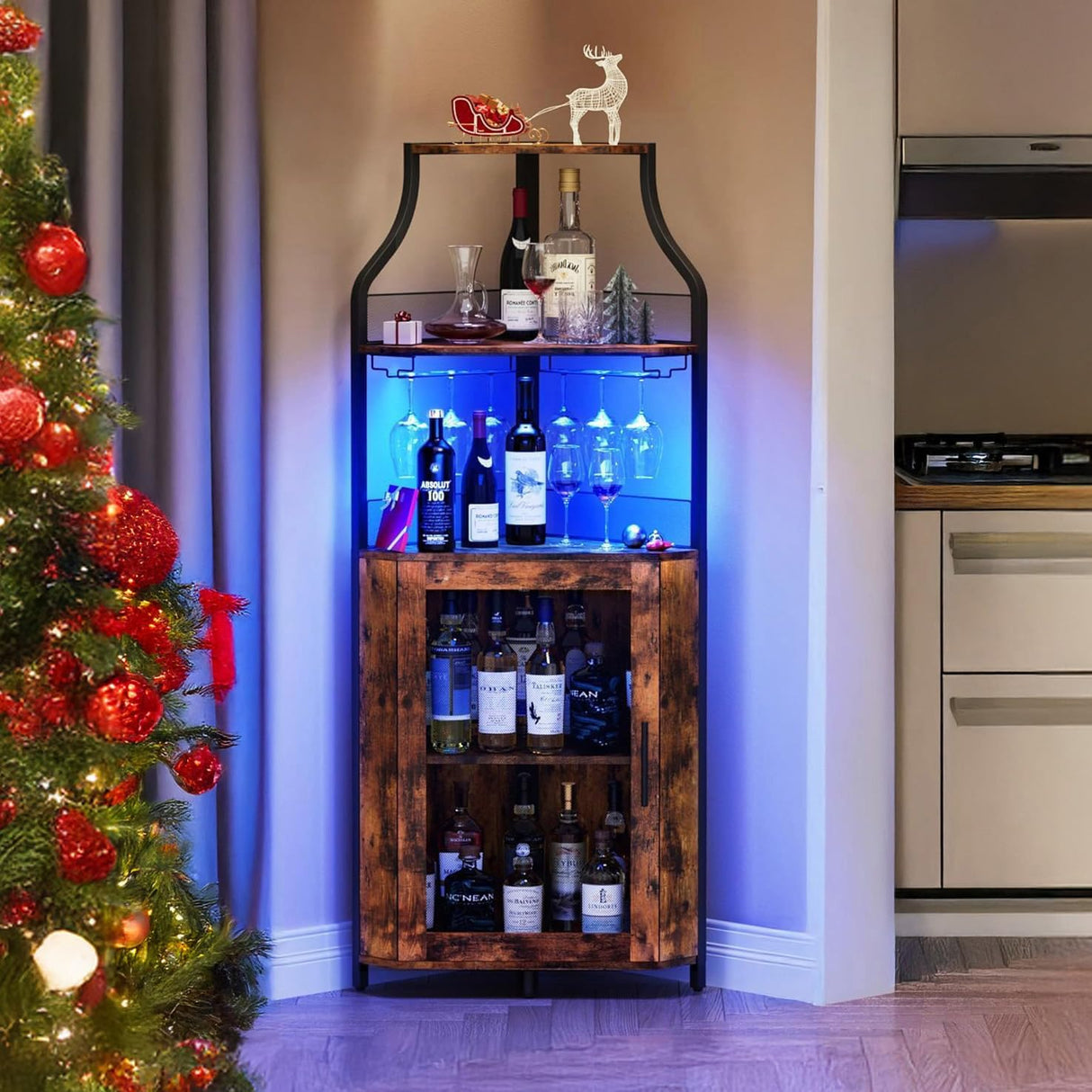 Tioutbot Corner Bar Cabinet with LED Light, Wine Bar Cabinet and Glass Holder, 5-Tiers Storage Space, Industrial Wine Rack for Small Space, Dining Room Tioutbot