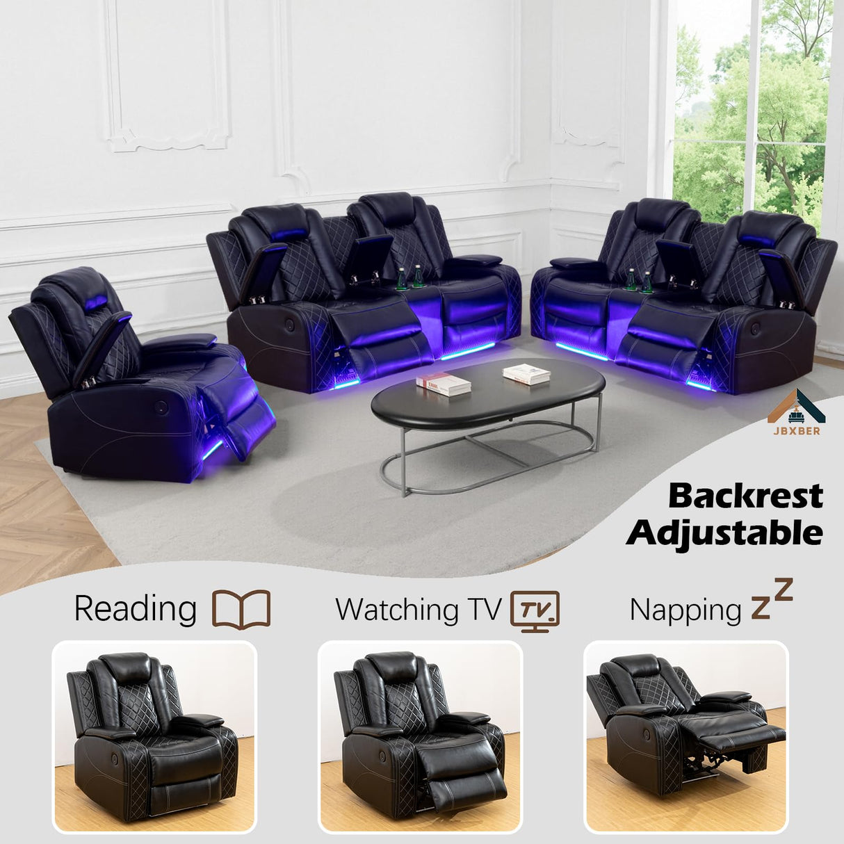 JBXBER Power Recliner Sofa Set with LED Lights, Black Leather Reclining Couch Sets with Storage Console, USB Ports, Cup Holder, Home Theater Seating, Living Room Furniture(2 Loveseats and a Chair) JBXBER