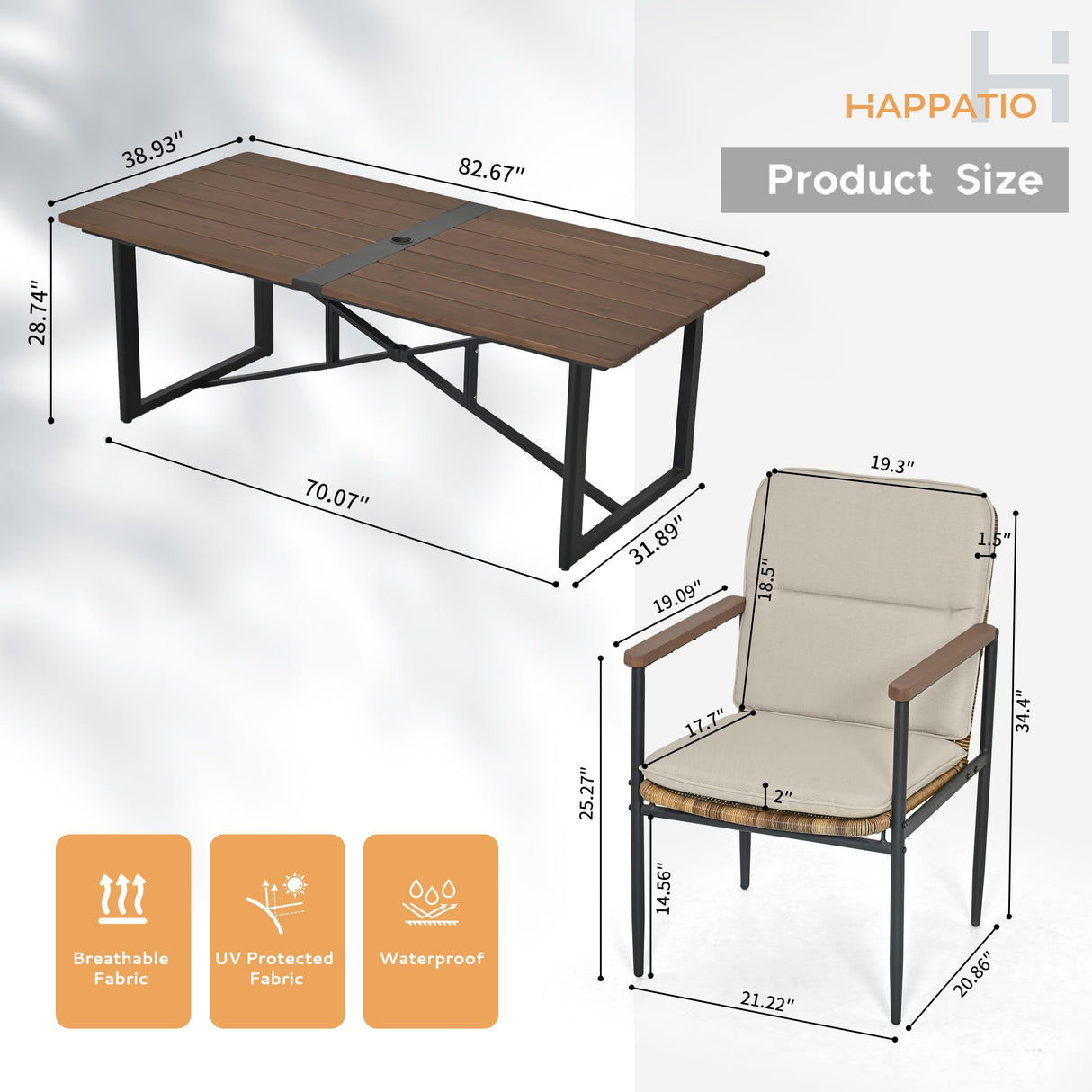 HAPPATIO 9 Piece Patio Dining Set Outdoor, 8 Wicker Chairs with Aluminum Frame and Olefin Cushions, Large Wooden Dining Table with Umbrella Hole,Patio Table and Chairs for Backyard Garden Porch HAPPATIO