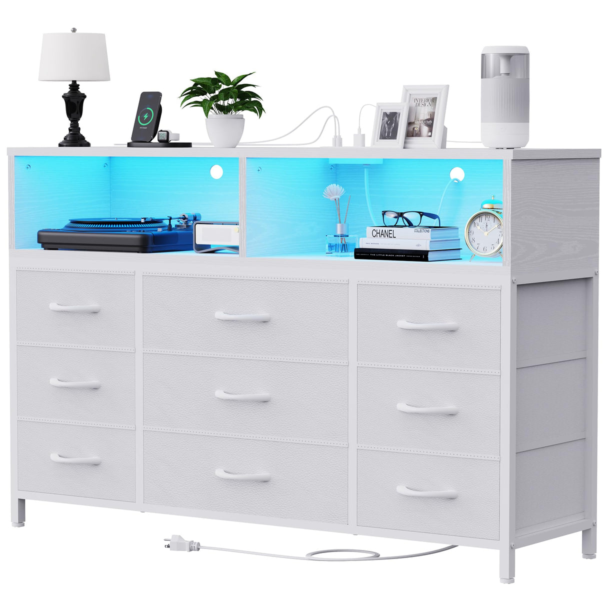 eiskah White Dresser for Bedroom, 9 Drawers Led Dresser TV Stand with Power Outlets and LED Lights, Long Fabric Dressers Wide Chest of Drawers with Large Organizer for Living Room, Entryway, Hallway eiskah