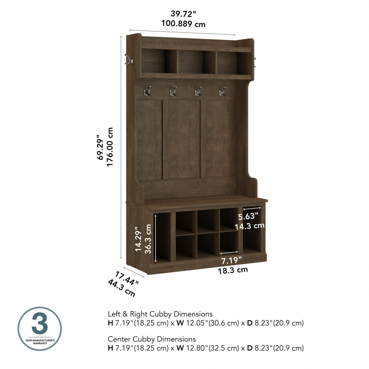 kathy ireland Home by Bush WDL002ABR 71-Inch Hall Tree and Shoe Bench with 12 Shelves, Ash Brown Bush Business Furniture