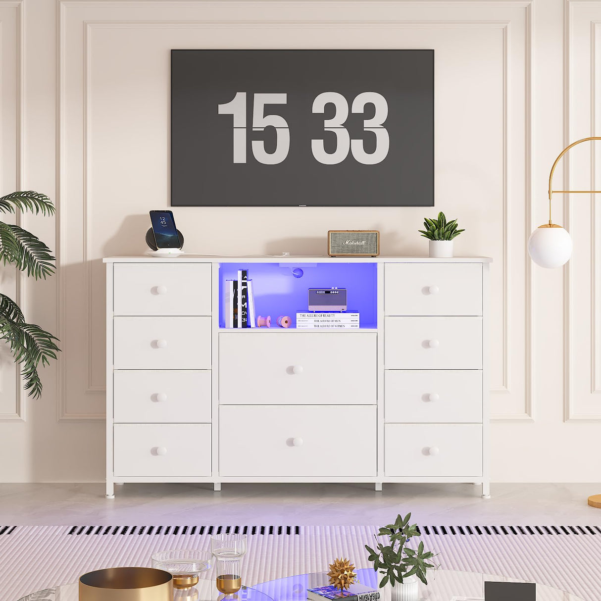 Dresser for Bedroom with 10 Drawers, White Storage Organizer TV Stand for 55" TV with LED Lights and Sockets, Fabric Chest of Drawers with PU Finish for Kid Room, Entryway, Living Room, Hallway LIWEIJIA