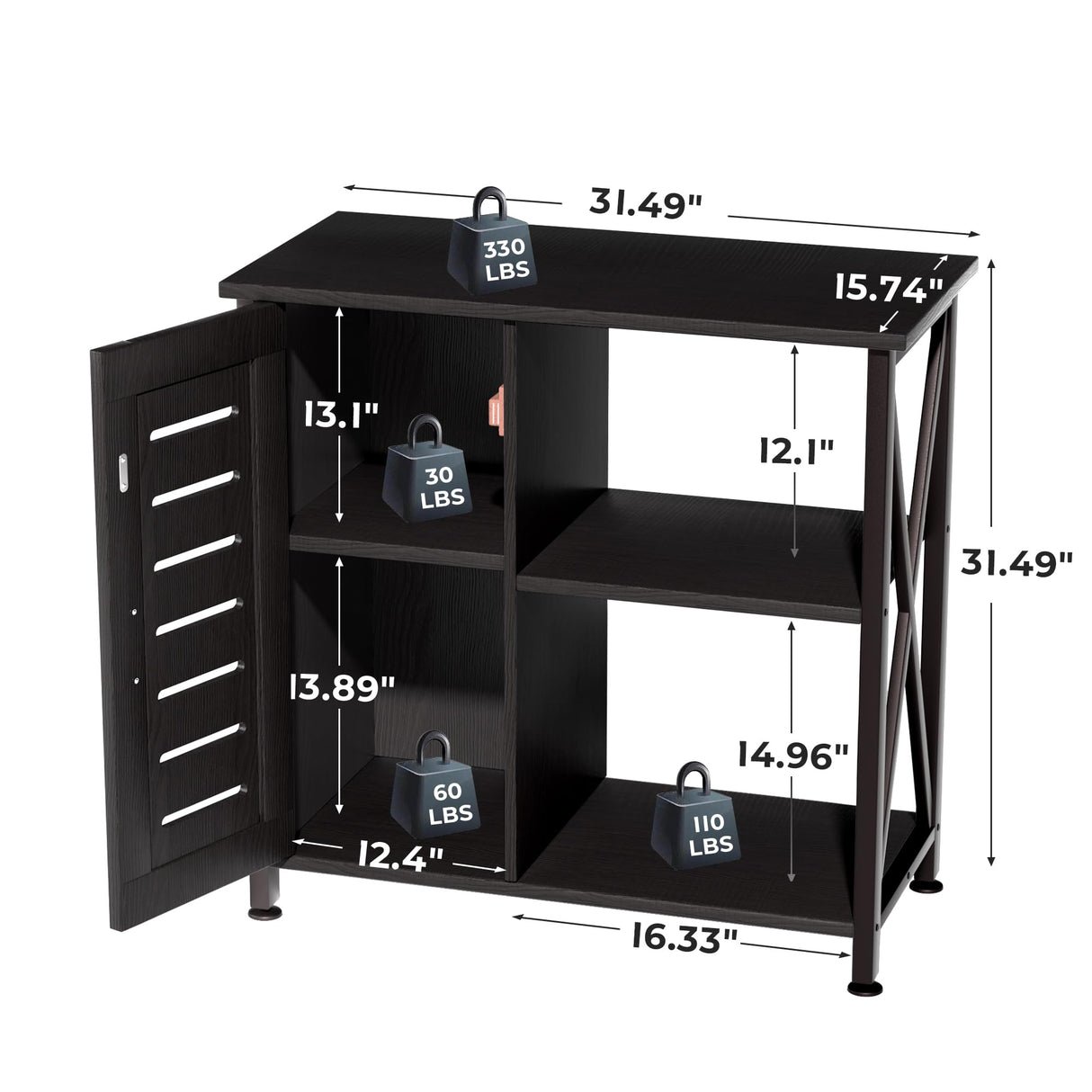 Herture 20-29 Gallon Fish Tank Stand, Aquarium Stand with Cabinet Accessories Storage, Heavy Duty Metal Frame, 31.49" L*15.74" W Tabletop, 330LBS Capacity, Black PG07YGB Herture