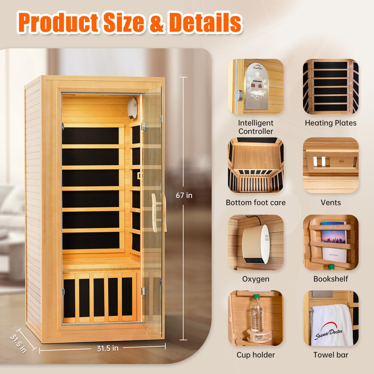 Far Infrared Sauna for Home 1 Person Hemlock Wood Dry Sauna Low EMF Heaters Panels Spa Indoor Sauna with Intelligent Control Panel 1180W, 31.5 * 31.5 * 67in Generic