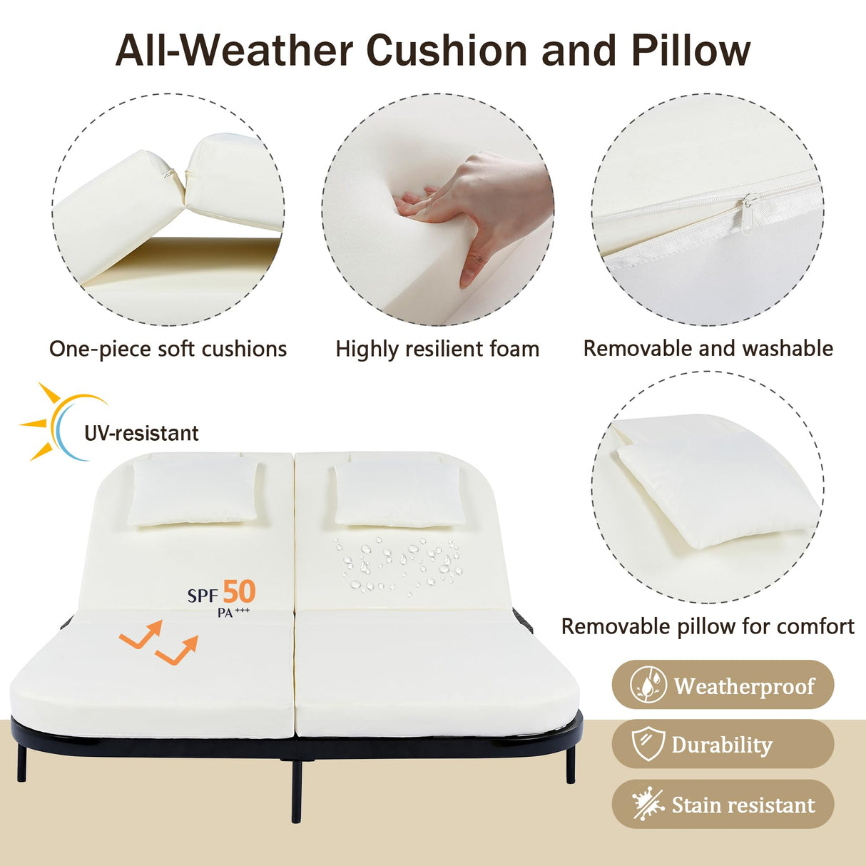 Merax Outdoor Daybed,Patio Rattan Daybed with Adjustable Backrest,Patio Wicker Loveseat Lounger,Outdoor Bed Loveseat Sofa Set with Pillows and Cushions for Garden, Backyard, Poolside,Black+Beige Merax