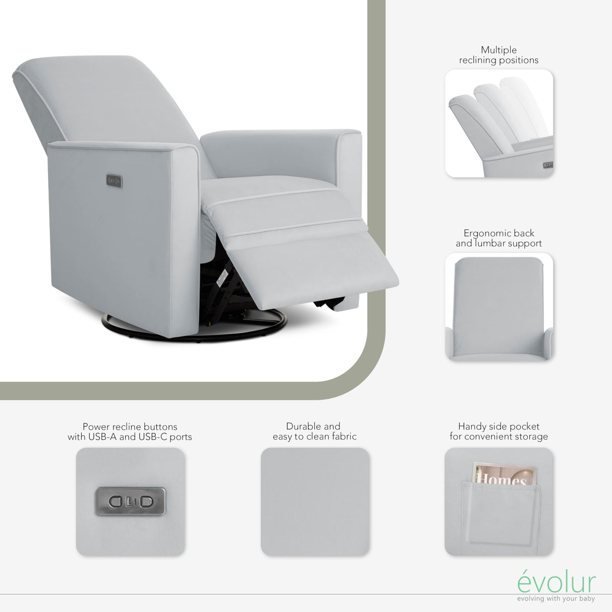 Evolur Harlow Deluxe Upholstered Plush Seating Glide Rocker, Swivel, Power Recliner with USB Port, Greenguard Gold Certified, Glider Chair for Nursery in Misty Grey Evolur