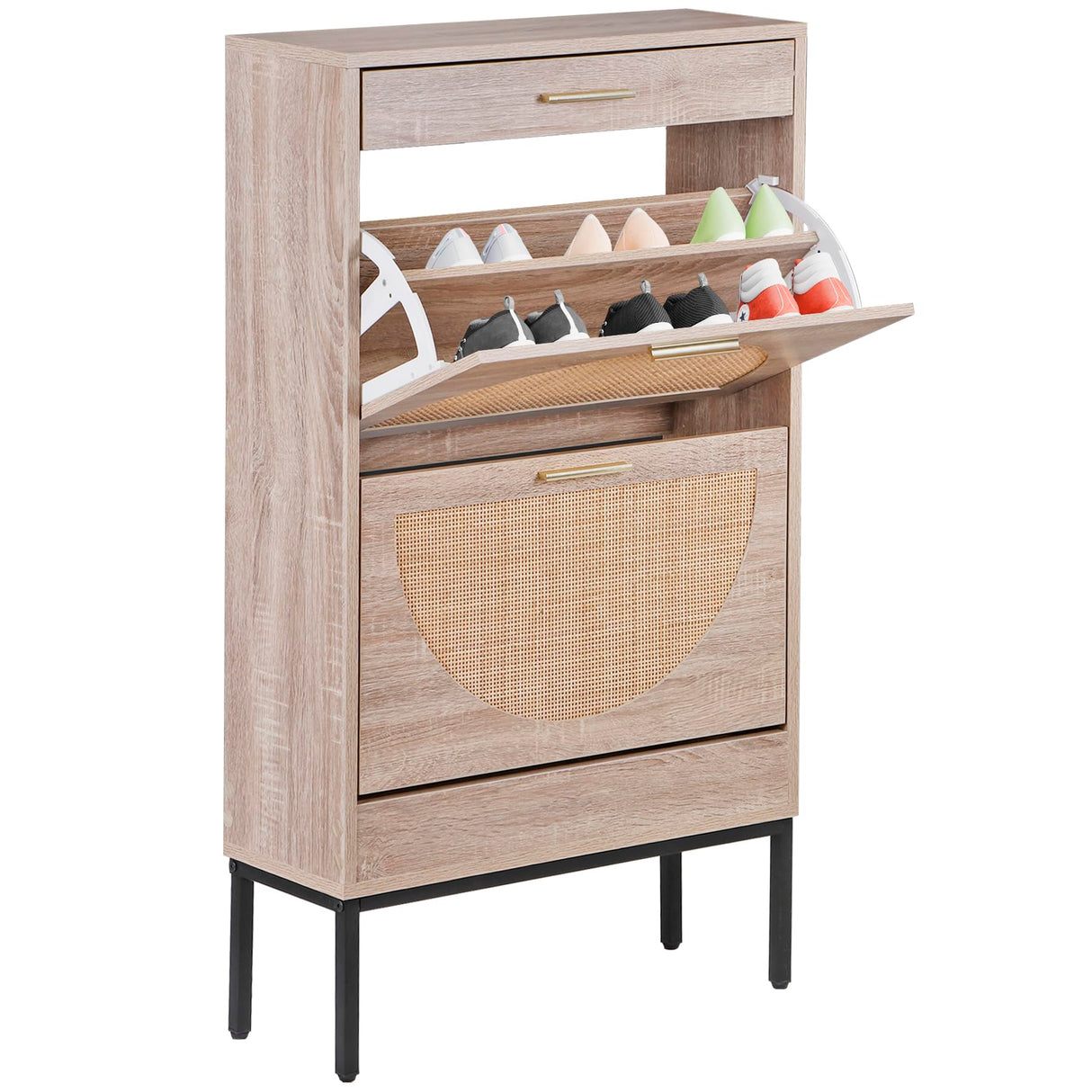 Nouva Rattan Shoe Cabinet - Freestanding Shoe Storage w/ 2 Flip Drawers & 1 Drawer, Narrow Shoe Organizer Rack for Entryway, Living Room Nouva