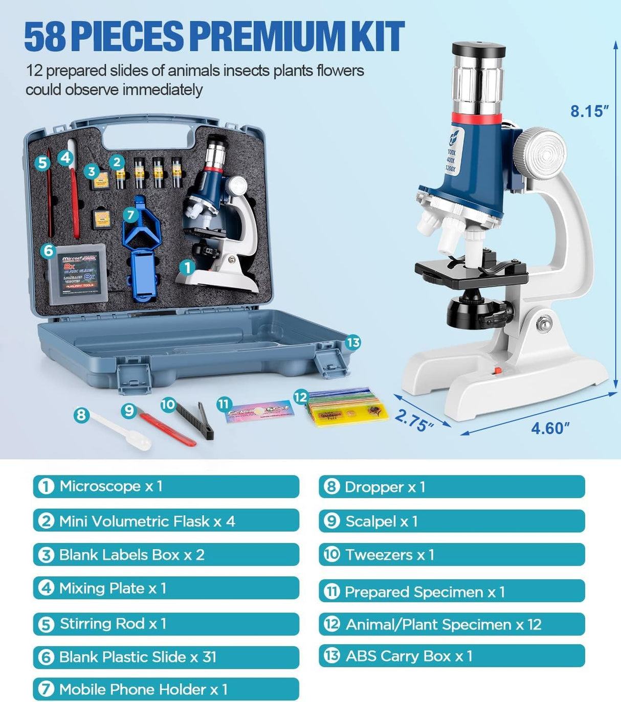 58-Piece Kids Microscope Kit - 100X-1200X Magnification, Metal Body, LED Light, Carrying Box - Science Experiment Toy for Kids Ages 5-12 Uarzt