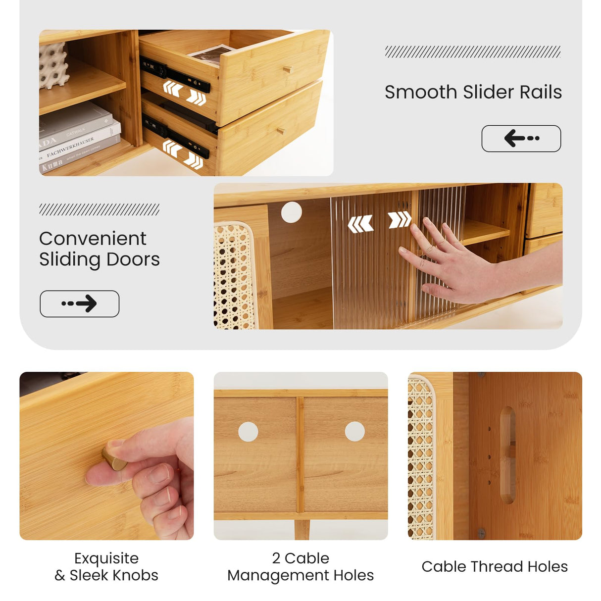 Giantex Bamboo TV Stand for 55 60 65 Inch TV, PE Rattan Entertainment Center with Sliding Doors, Drawers, Open Shelves, 5 Solid Wood Legs, 2 Cable Holes, TV Console Table for Living Room, Bedroom Giantex