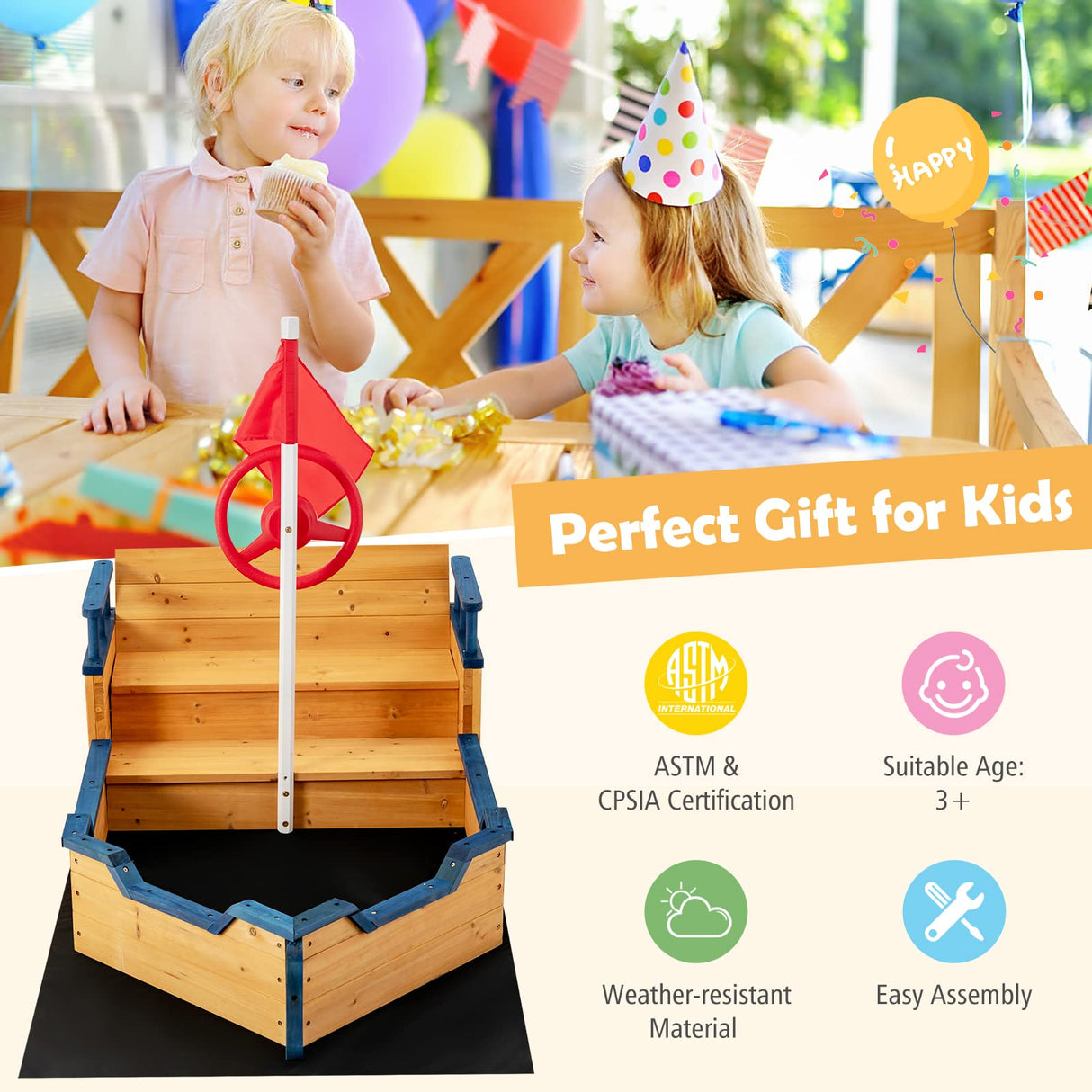 Costzon Pirate Boat Wood Sandbox for Kids, Wooden Pirate Sandpit w/Bench Seat, Storage Space, Ground Liner, Realistic Flag Rudder Buoy, Children Outdoor Playset for Backyard, Home, Lawn, Garden Costzon