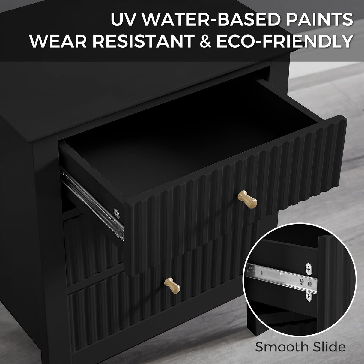 OCANDO Fluted Black Nightstand 19", 3 Drawers Night Stand, Bed Side End Table for Small Living Room, Modern Bedroom Storage Cabinet OCANDO