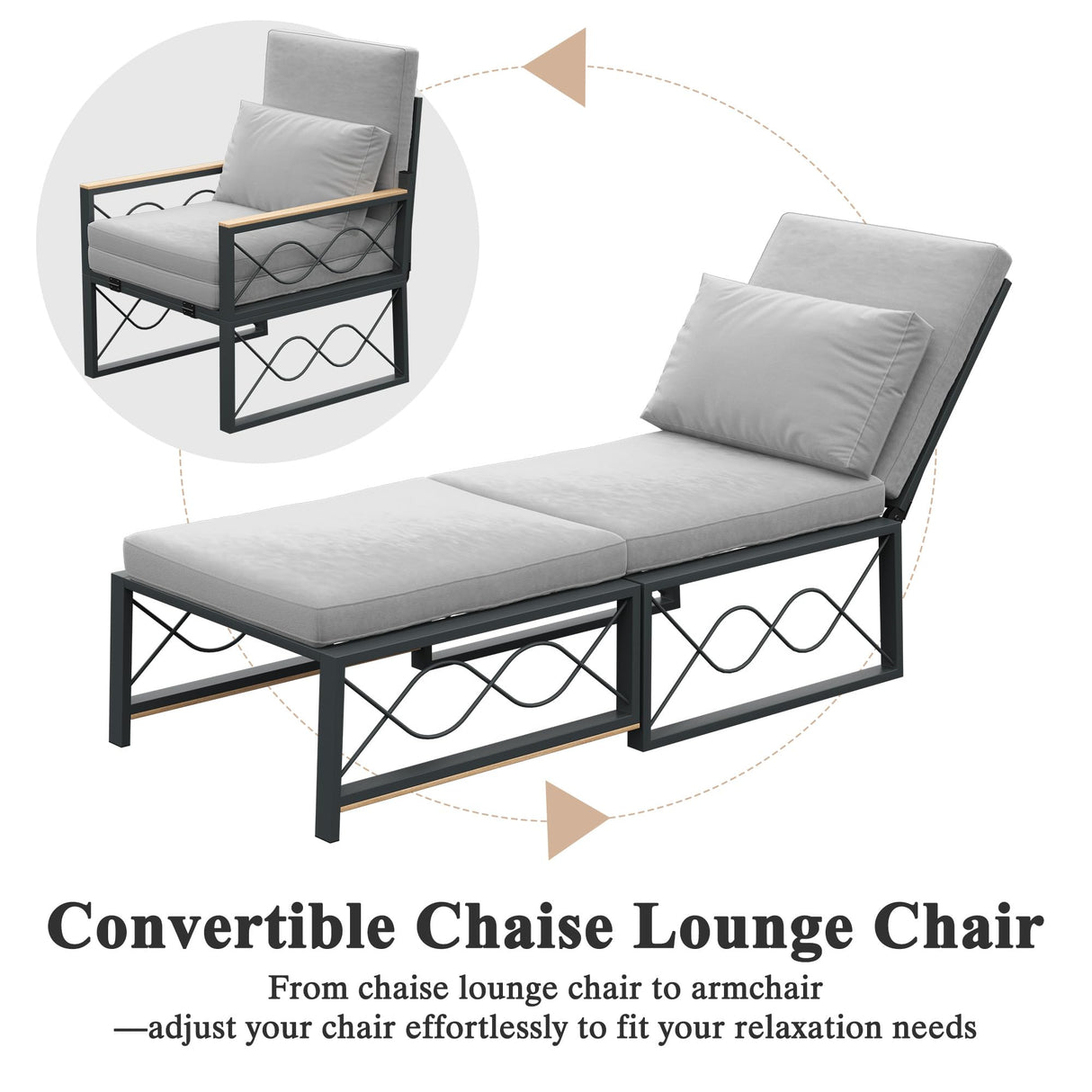 AECOJOY Outdoor Metal Chaise Lounge Chair, Convertible Patio Armchair with Cushions, Adjustable 5-Position Sun Recliner with Full Flat Tanning Function for Outside, Pool, 1 Pack AECOJOY