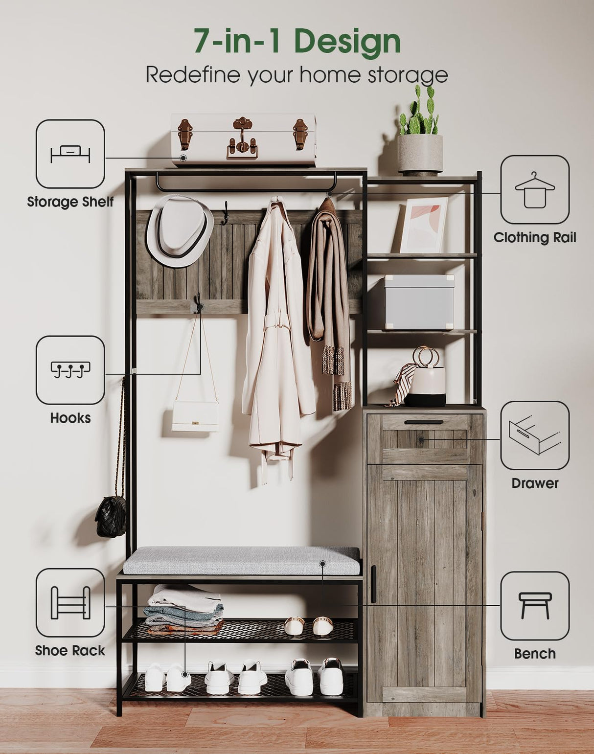 HOVANESTY Hall Tree with Bench and Shoe Storage, Coat Rack with Shoe Storage for Entryway, Mudroom Storage Cabinets with 11 Hooks, Drawers and Shelves, 7-in-1, Farmhouse, Industrial Style, Ash Gray HOVANESTY
