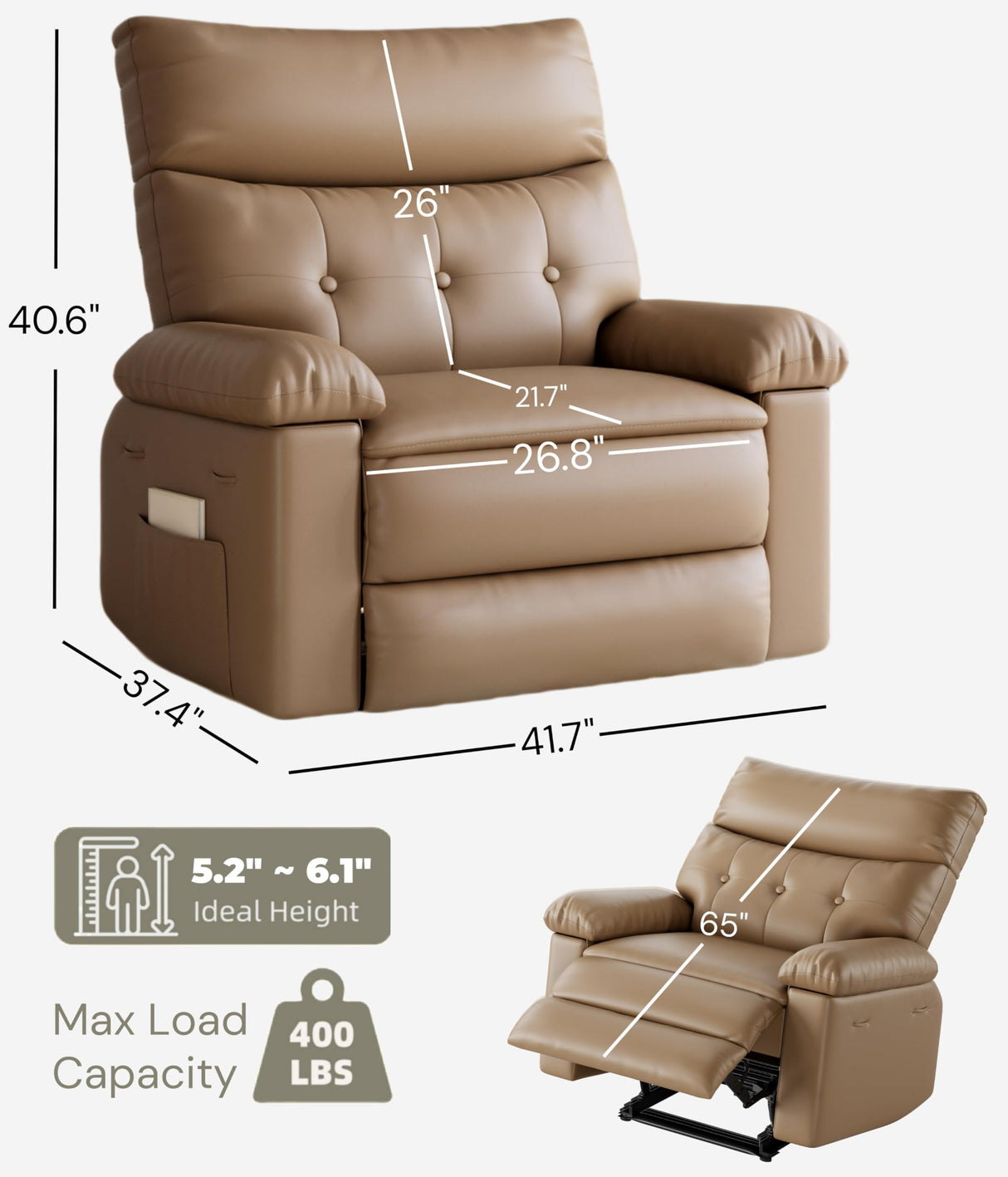GarveeHome Oversized Extra Wide Recliner Chair - Faux PU Leather Large Manual Recliner for Adults, Exceptional Comfort Lazy Chair with 1.5X Sponge Filling and Easy Recline Mechanism for Relaxation GarveeHome