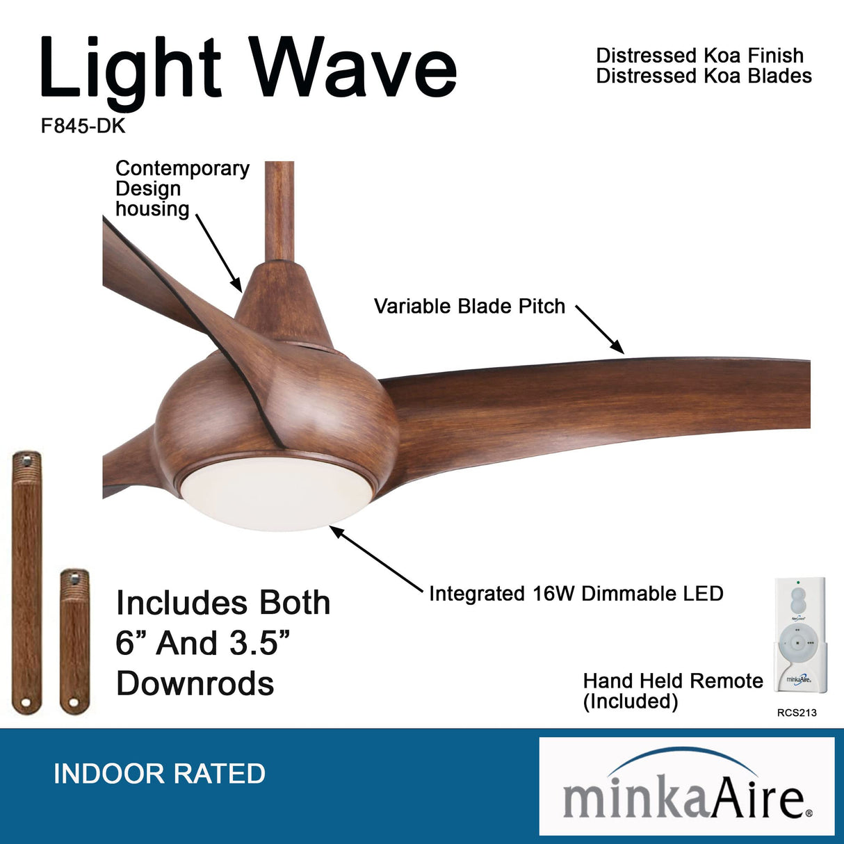 MINKA-AIRE F845-DK Light Wave LED 44" Distressed Koa Low Profile Ceiling Fan with Light, Remote Control and 3.5 Inch Downrod MINKA-AIRE