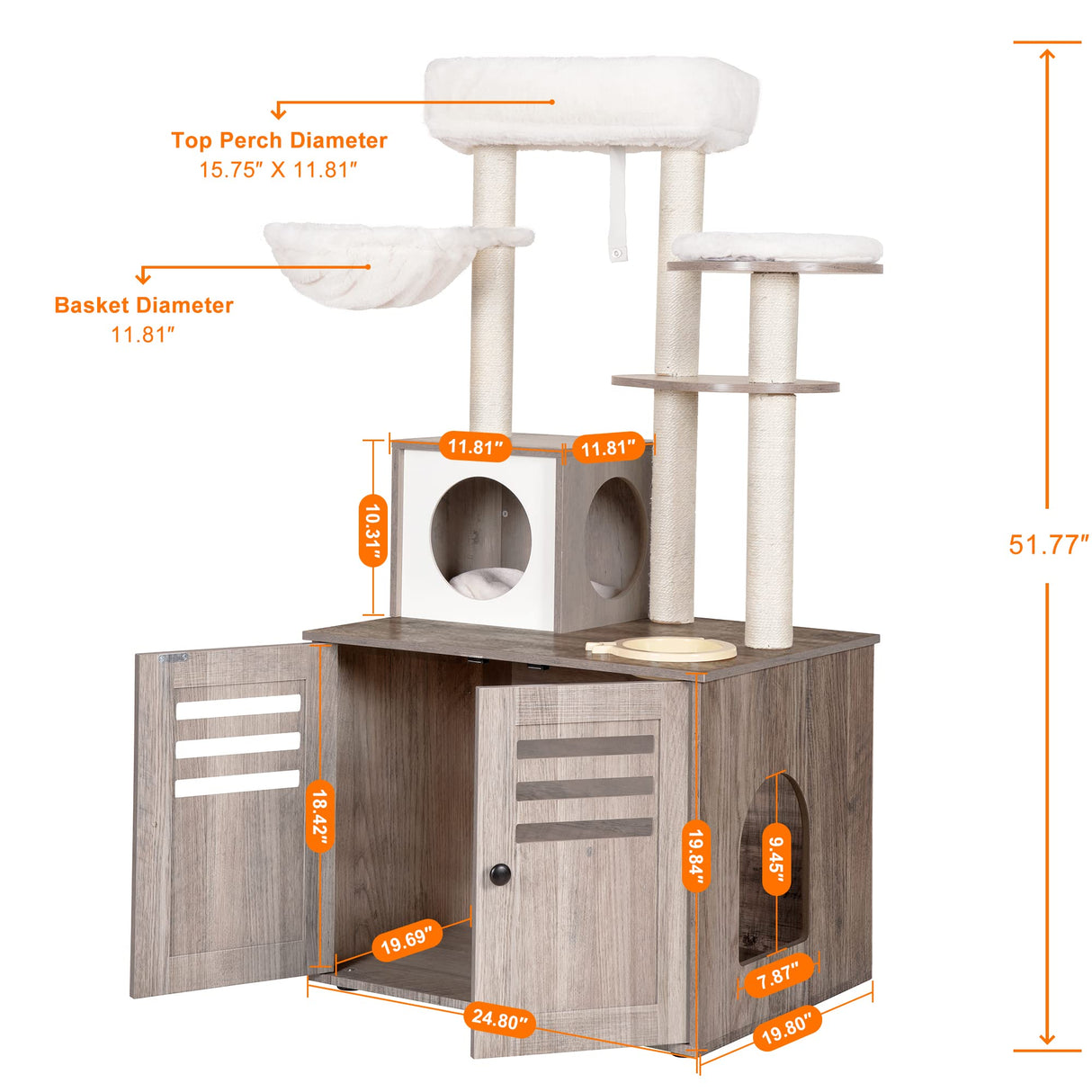 Heybly Cat Tree, Wood Litter Box Enclosure with Food Station, All-in-one Indoor Cat Furniture with Large Platform and Condo, Modern Style Cat Tower, Hammock, Rustic Gray HCT100SG Heybly