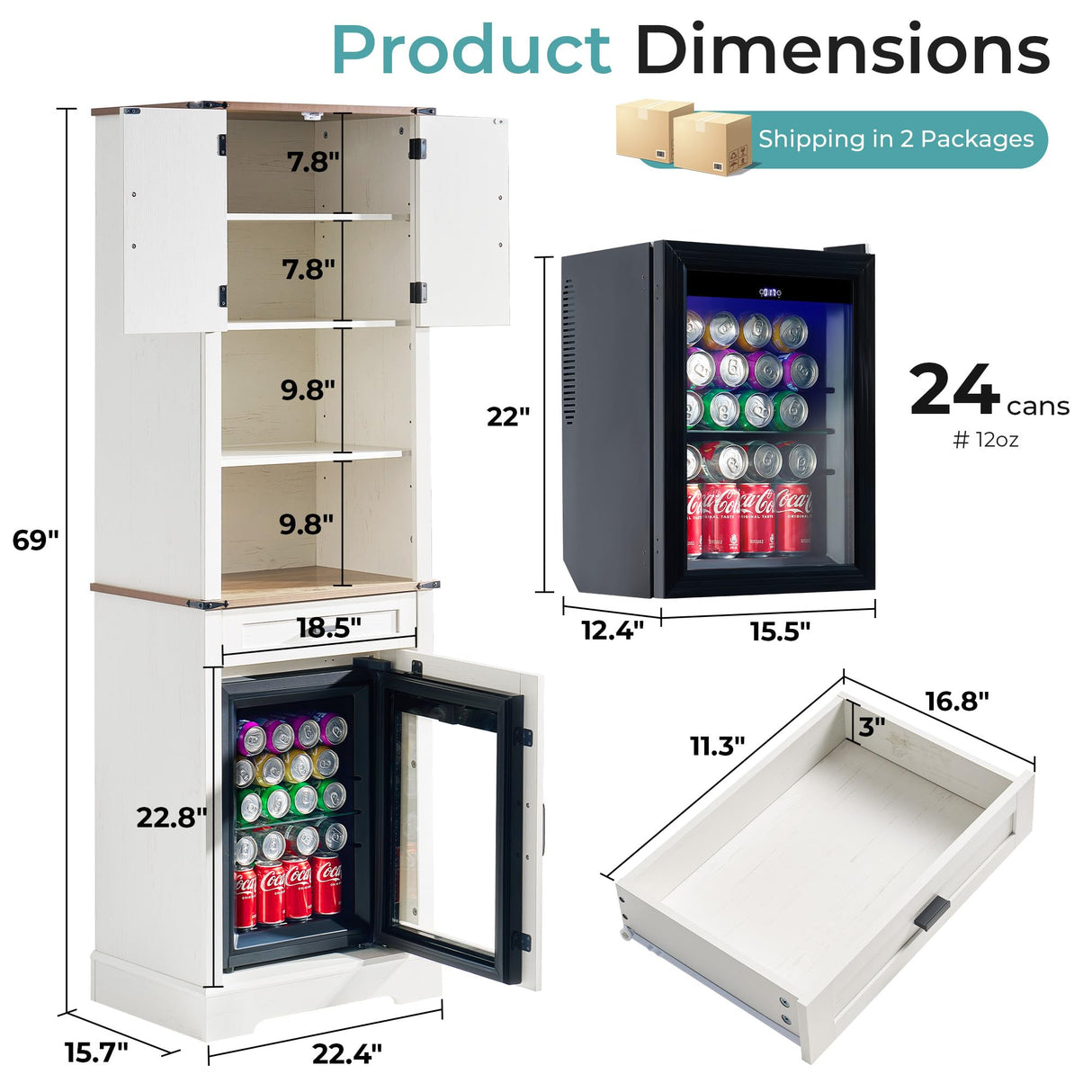 LUXOAK Bar Cabinet with Fridge (Included), 69" Farmhouse Wine Cabinet with Storage Drawers & Adjustable Shelves, Coffee Bar Cabinet for Home bar, Dining Room, Living Room LUXOAK