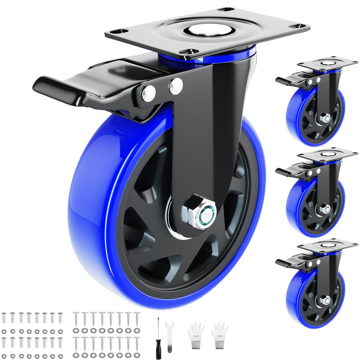 6 Inch Swivel Caster Wheels, Casters Set of 4 Heavy Duty with Brakes, Plate Casters No Noise Locking Castor with Polyurethane Wheels for Cart, Furniture,Workbench,Cabinet(Two Hardware Kits Include) WOZESEIK