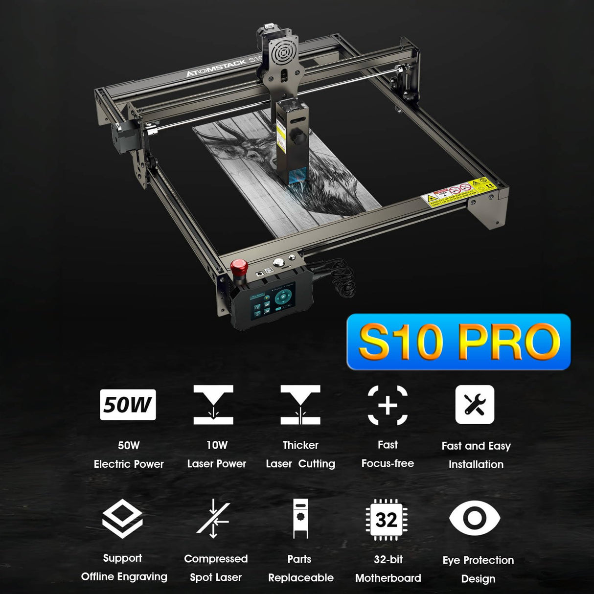 ATOMSTACK S10 Pro Laser Engraver, Laser Class 4, 10000mW Output Laser Power, Laser Engraving Machine with Touchscreen, Laser Cutter for Thick Wood and Acrylic DIY Cutting, Support Offline Engraving ATOMSTACK