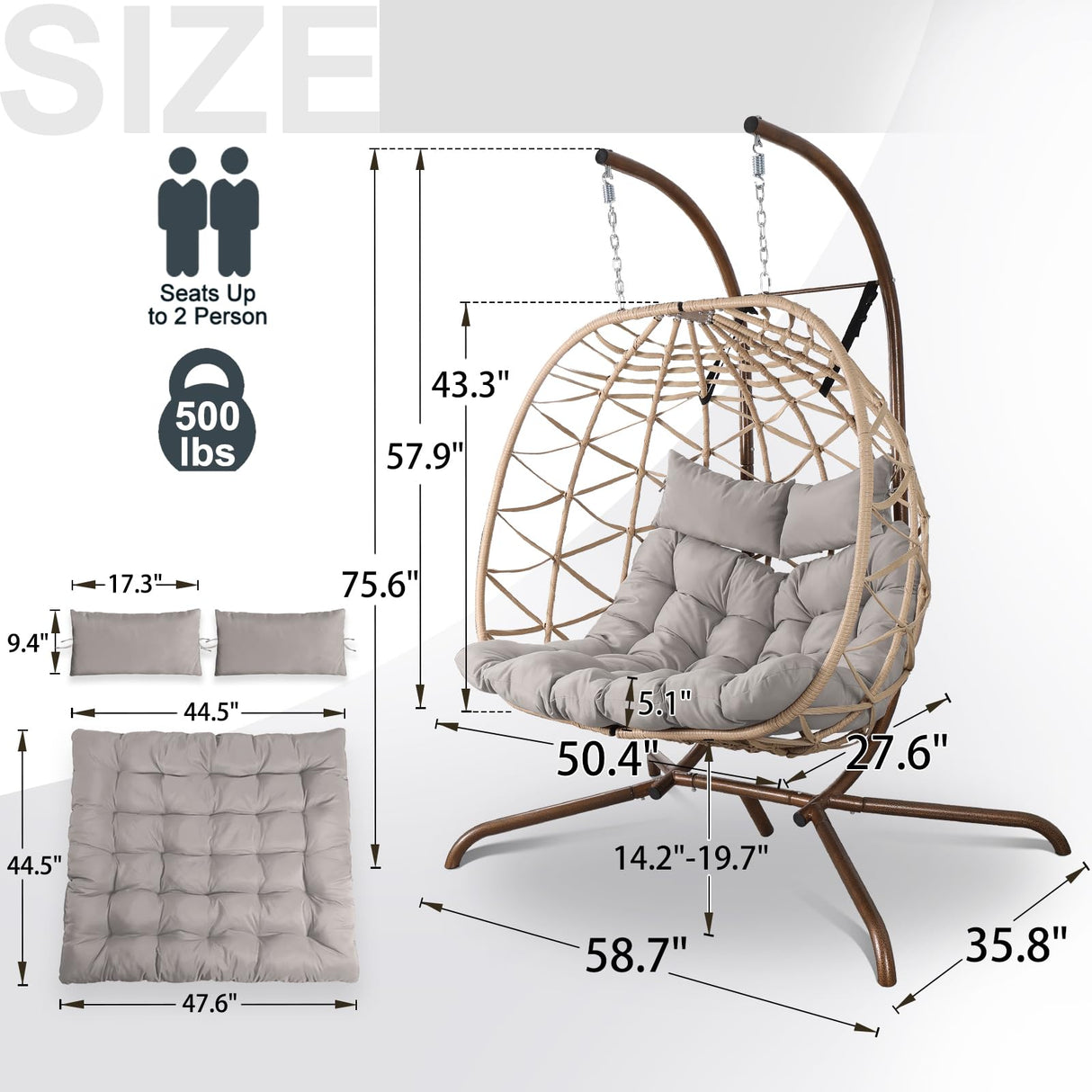NOBLEMOOD Outdoor Egg Swing Chair with Stand, 2 Person Patio Swing Chairs with Thick Cushions and Pillows, Wicker Double Egg Chair Swing for Indoor Bedroom NOBLEMOOD