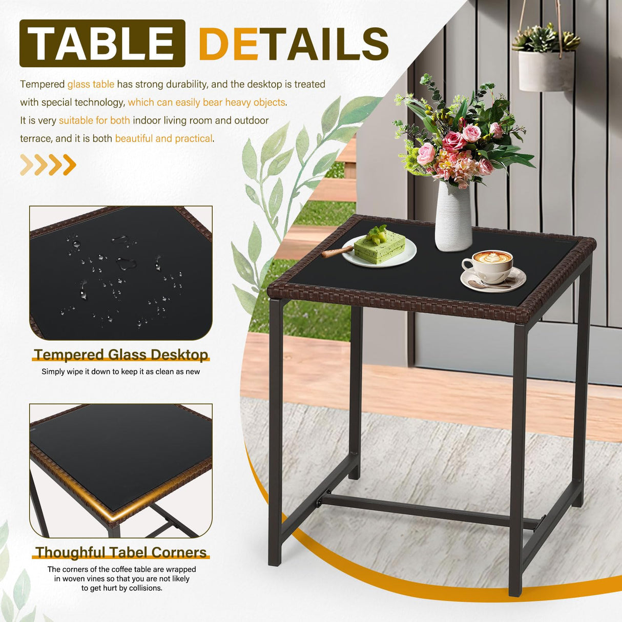 SUNCROWN 3-Piece Patio Bistro Set Outdoor Rocking Chairs Set Brown Wicker Porch Chairs with Glass Coffee Table, Beige Cushion SUNCROWN